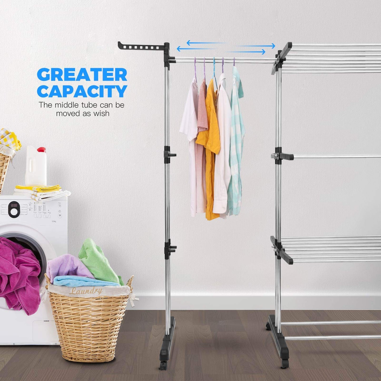 johgee 2 in 1 laundry rack tower, extendable length 66-130 cm, with 6 foldable wings on 3 levels, foldable drying rack for large families