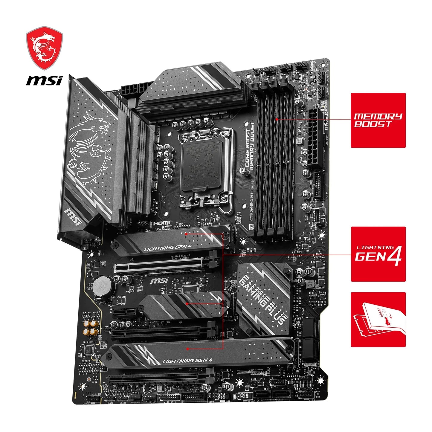 MSI Z790 GAMING PLUS WIFI motherboard, ATX - Supports Intel Core processors 12th, 13th, and 14th Gen, LGA 1700 - DDR5 Memory Boost 7200+MHz/OC, 1 x PCIe 5.0 x16, 4 x M.2 Gen4, 2.5G LAN, Wi-Fi 6E