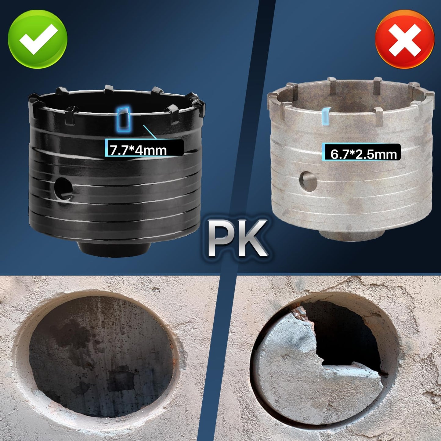 160mm carbide tipped hole saw (XXL teeth) black set including 220mm SDS plus extension and 4-cutter pilot drill 8x110mm, wall hole saw drill for masonry and concrete.