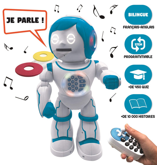 Lexibook Powerman Kid - educational robot, bilingual French/English, with remote control - programmable, dances, plays music, tells stories, 450+ quiz, records 4+.