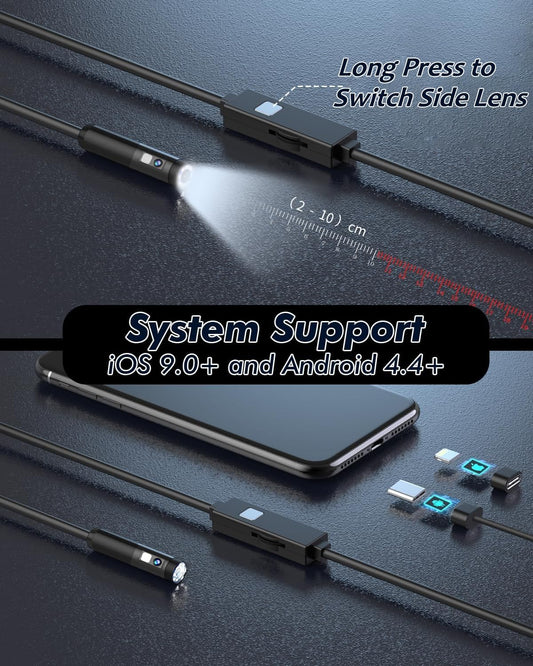 Dual Lens endoscope camera, 1080P HD endoscope camera with light, mobile waterproof IP67 no WiFi required inspection camera with 8+1 LEDs light for Android & iOS, tablet (16.4 ft/5m)