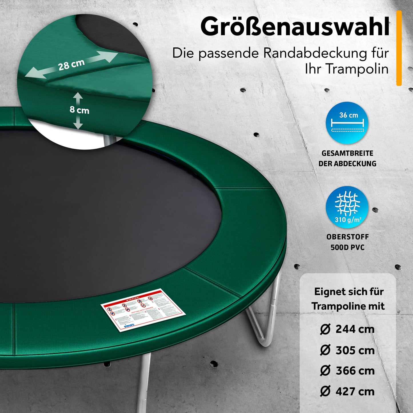 KIDUKU Trampoline Edge Cover | Ø 244cm 305cm 366cm 427cm | tear-resistant | 100% UV resistant spring cover edge protection (Green, 305 cm)