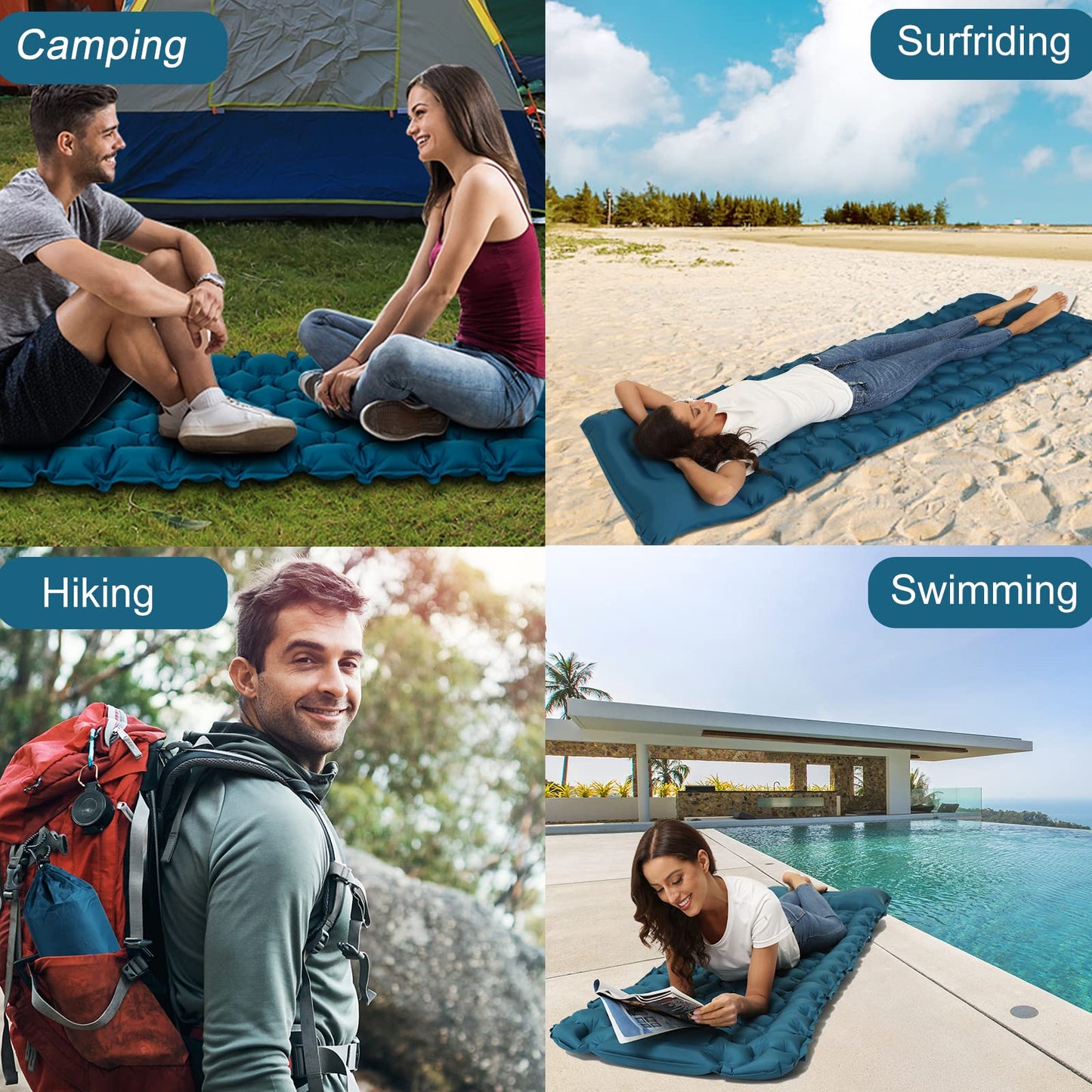 NHOWIN Self Inflating Sleeping Pad, 9CM Thickened Camping Air Mattress with Foot Press Pump & Pillow, Portable Ultralight Sleeping Mat Inflatable Mattress Outdoor for Hiking Backpacking