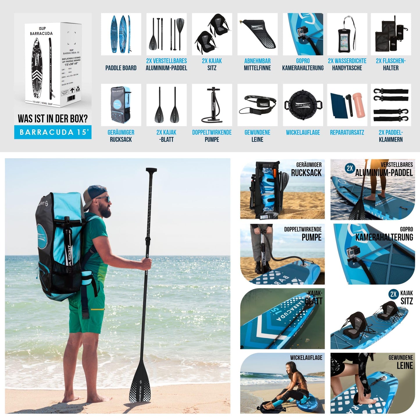 Aqua Spirit Inflatable Stand Up Paddle Board SUP Barracuda Kayak Package | 457 x 91 x 15cm | Adult Beginner/Expert | 150kg Limit | Seat, Paddle & Kayak Blade, Pump, Go Pro Mount, Bag