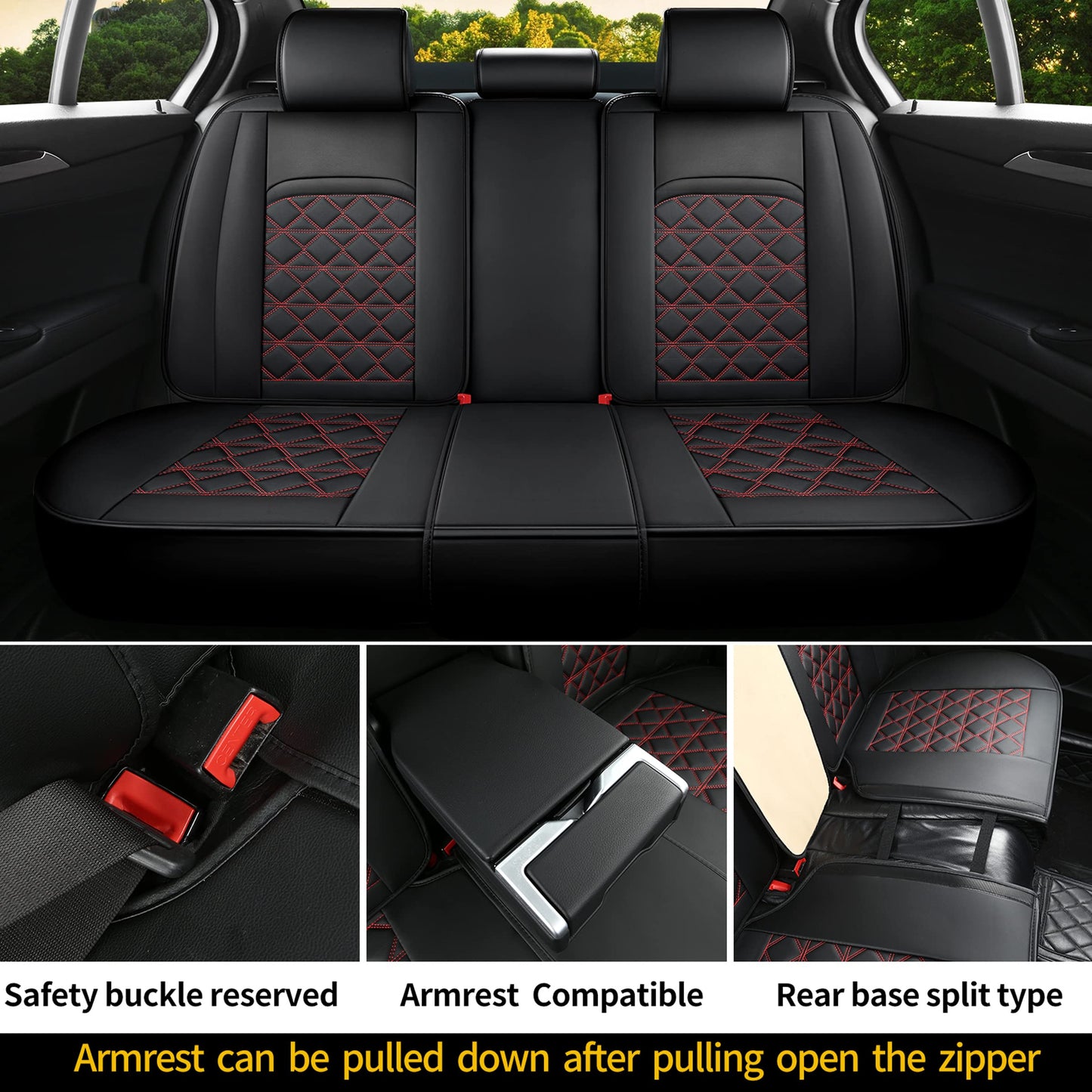 JDWBT Luxury Car Seat Covers Faux Leather Universal, Car Seat Covers Compatible Airbag, Car Seat Covers For Most Sedans, SUVs (Black Red, Full Set)