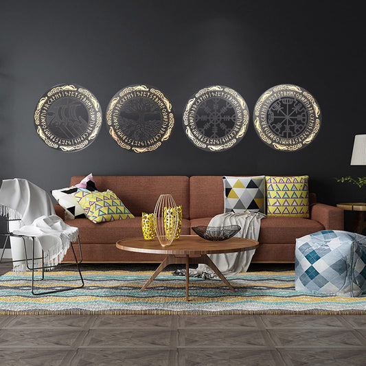 Arsey Vikings Nordic Mythology Runes Wooden Ornaments Medieval Decor Wall Sculptures Wall Ornament Compass Tree of Life Vegvisir Wall Decor Living Room Bedroom Wall Art, Wood, Yellow, 4 Pieces