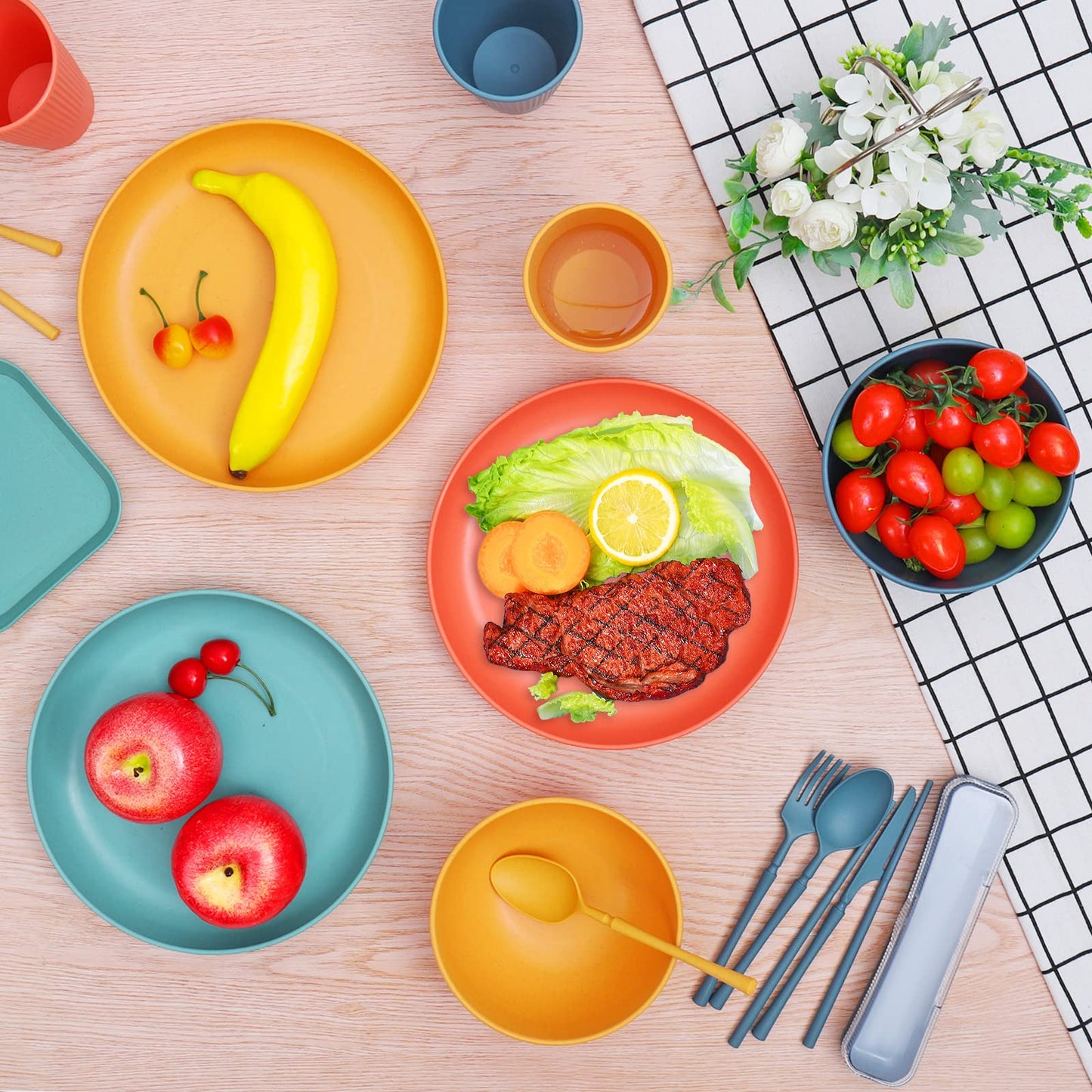 Czemo Camping Dinnerware Set 48 Piece Plastic Dinnerware Set for Camping 4 Person Picnic Set, Plastic Dinnerware with Plate Set, Bowl, Cup, Cutlery Set