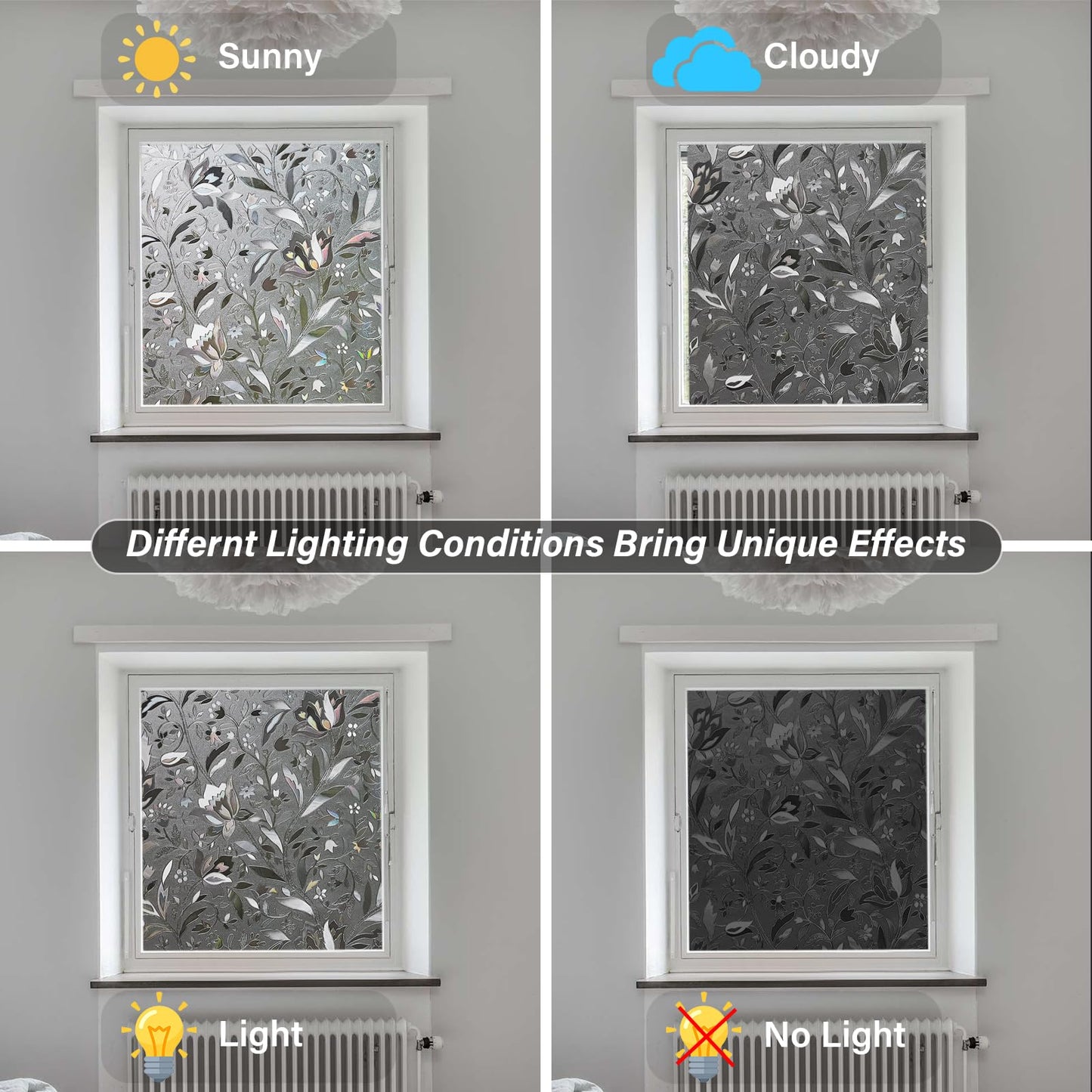 LEMON CLOUD Rainbow Static Cling Window Film, Privacy Window Film, Anti-UV Sun Protection Film for Living Room, Grayblack Tulip - 90x400cm