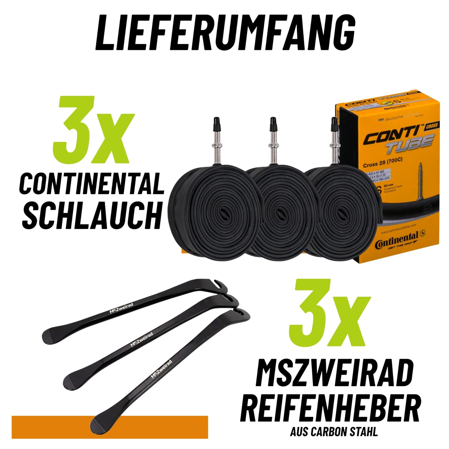 3-piece set Continental tube Cross SV60 28 inches 32/47-622 with 3 MS Zweirad tire levers