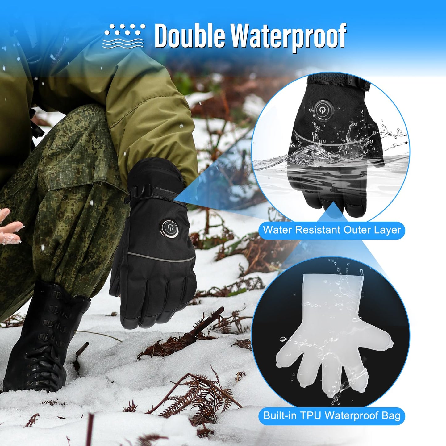 Heated gloves, 5V 6000mAh Electric USB Rechargeable Heated Gloves for Women Men, 3 Heat Settings Waterproof Touchscreen Gloves for Winter Sports - Motorcycle, Skiing (L)