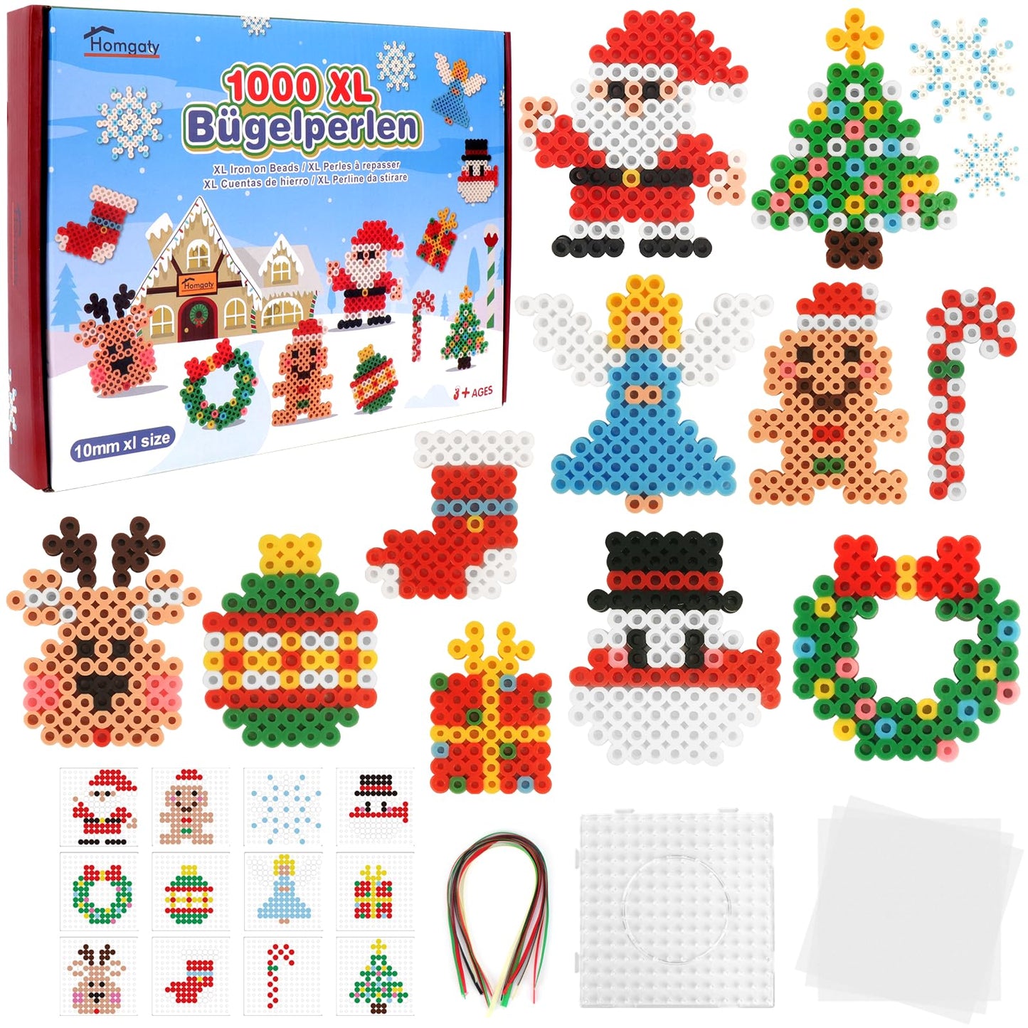 Homgaty Large 10mm Fuse Beads Christmas Set, 1000 Pieces XL Peg Beads with Boards, 12 Patterns and Ironing Paper, 9 Vibrant Colors XL Fuse Beads, Creative Bead Set for Kids 3+