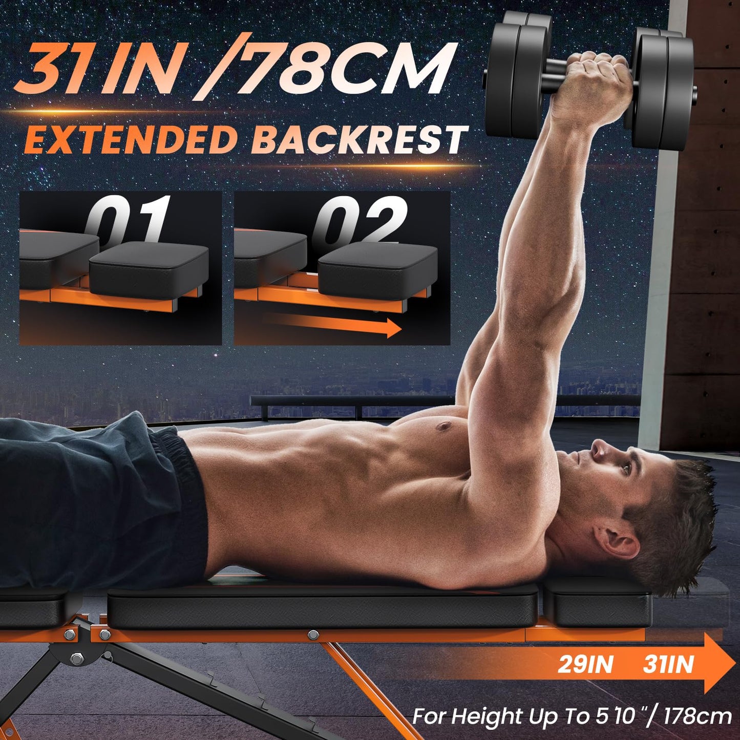 350KG folding weight bench - Bonvork workout bench with 1.6MM Thickened Steel, Incline bench for home gym, adjustable weight bench, Flat Decline Bench Press Bench (with headrest)