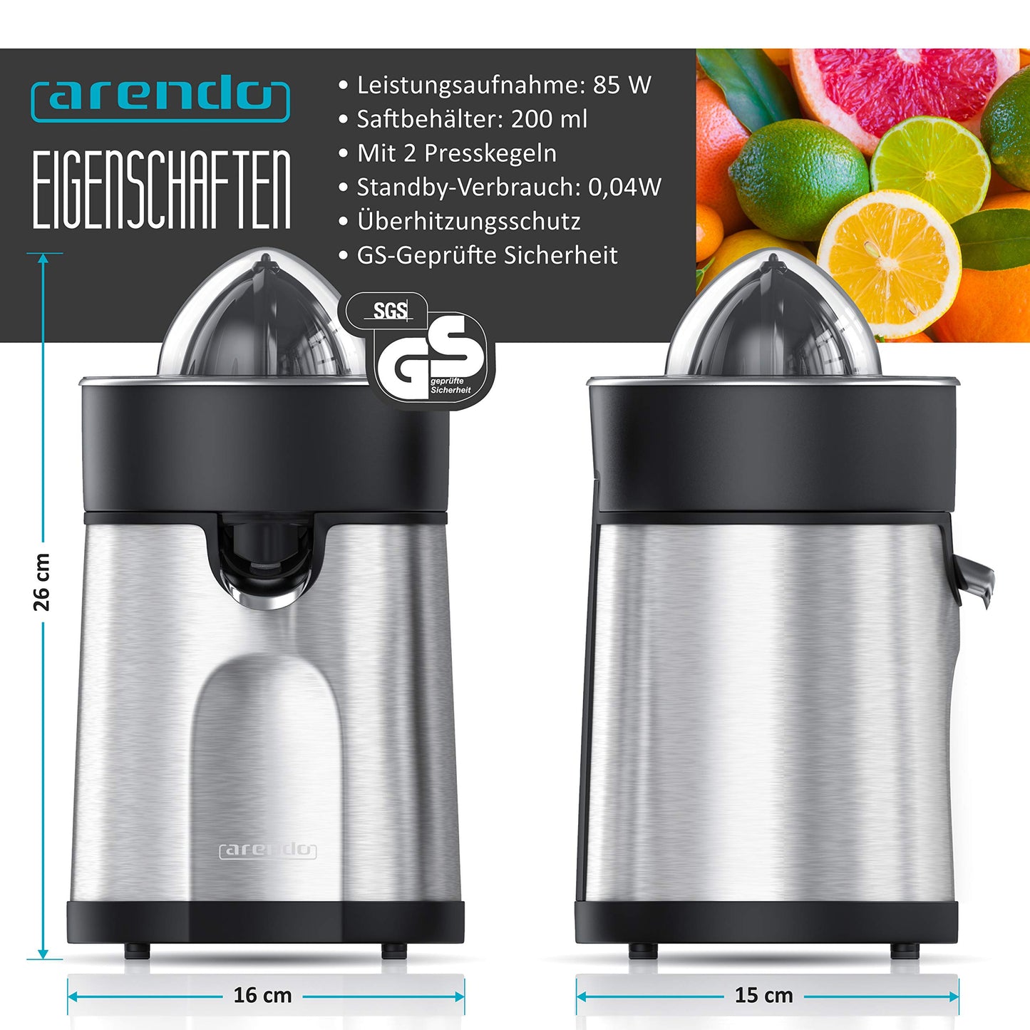 Arendo - electric orange juicer & citrus press stainless steel - juice container 200 ml - start-stop automatic - with 2 press cones - including clear hood - GS tested safety.