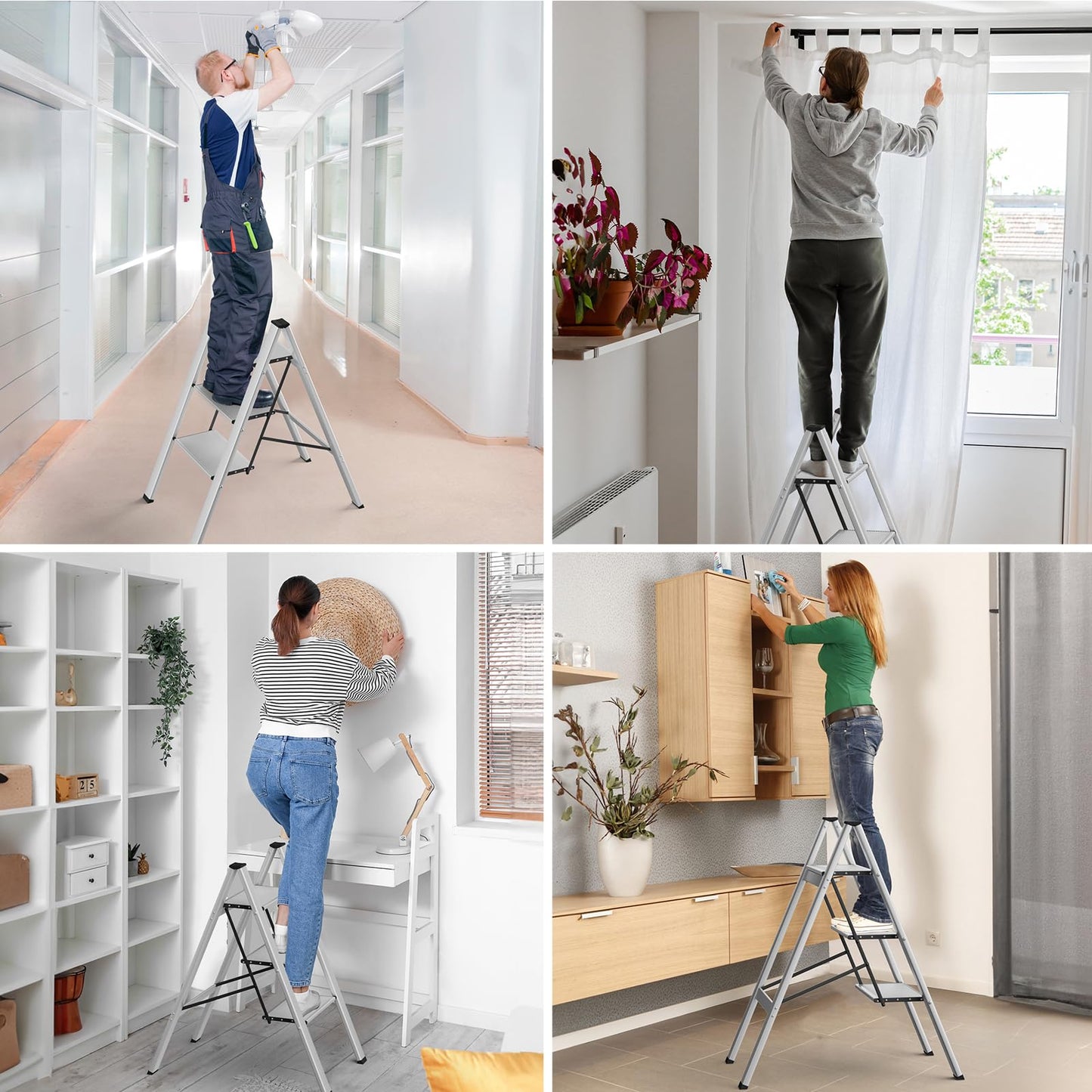 TLGREEN Aluminum Step Ladder 3-step Foldable Ladder Non-slip Standing Ladder Household Ladder Multifunctional Step Stool Easy to Store up to 150kg Load Capacity for Kitchen Household Outdoor Office Silver
