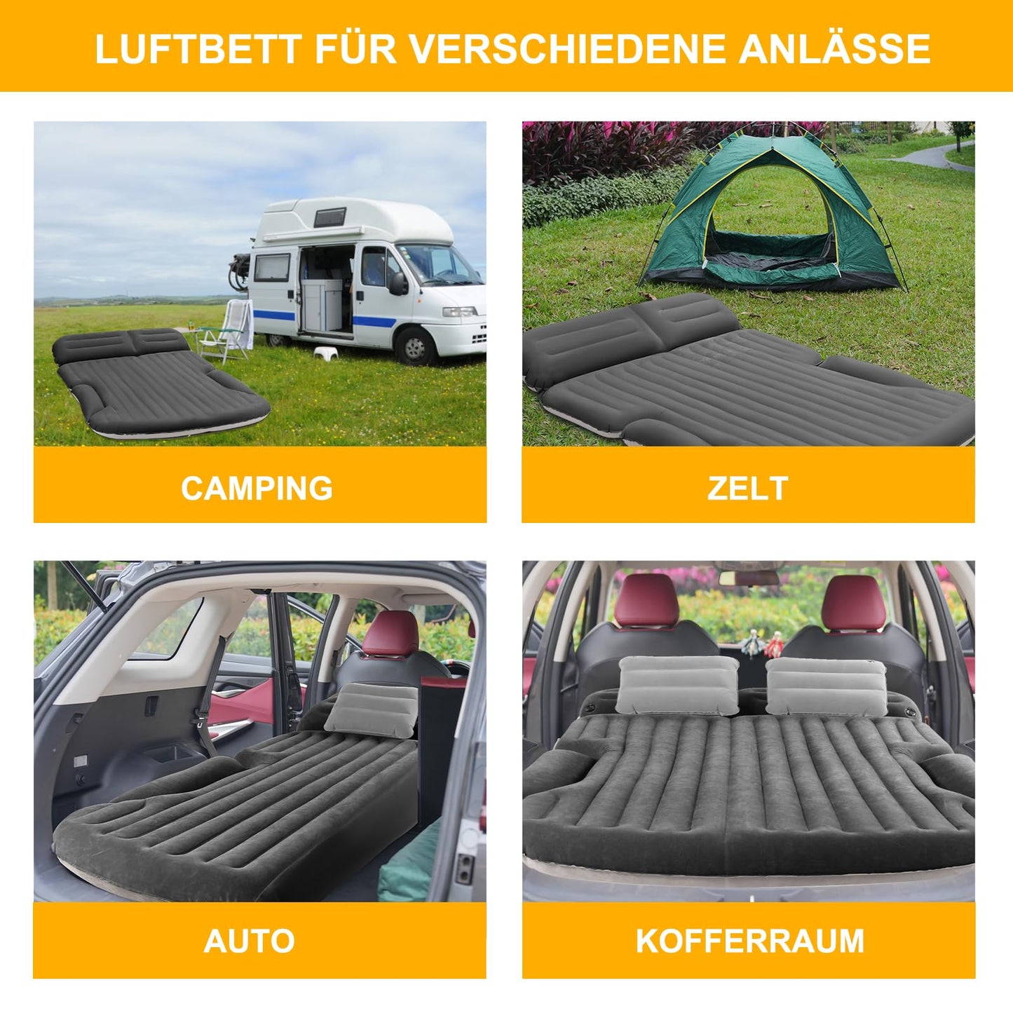 KMZ Car Mattress, 2 Pillows Car Air Mattress, Double-sided Thickened Flocked Auto Mattress Camping Inflatable Car Bed for Trunk Backseat (Dark Grey)