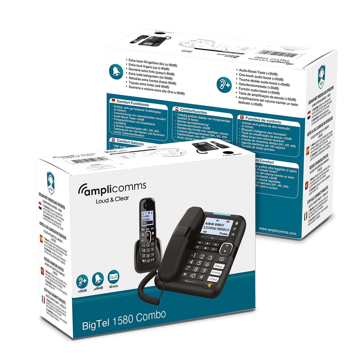 Amplicomms BigTel 1580 Combo DECT Large Button Phone, answering machine, additional handset, audio boost, extra loud ringtones, hearing aid compatible, black.
