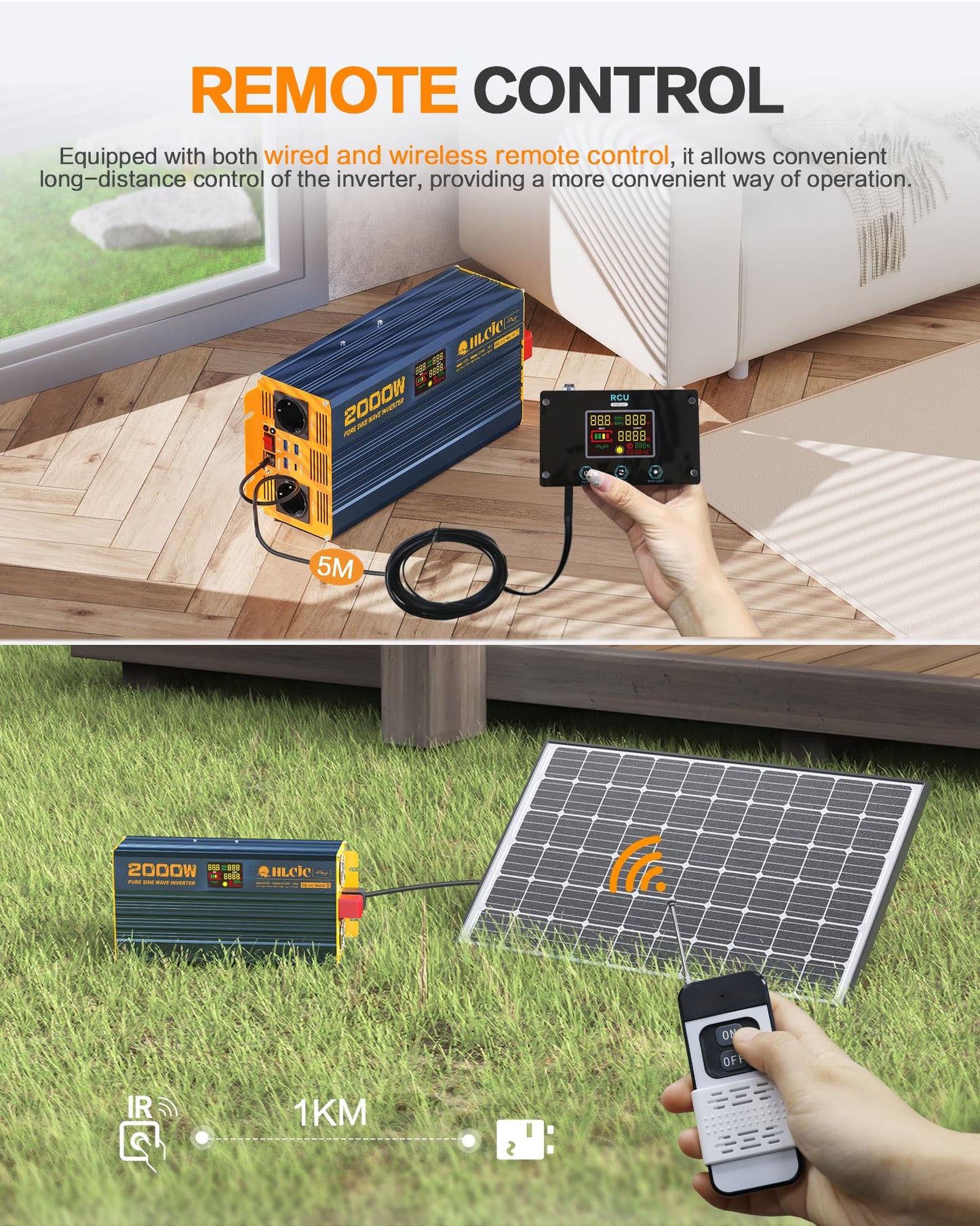 2000 Watt inverter 12V to 230V Pure sine wave power inverter with LCD display 1 Type-C PD60W 3 USB-A QC3.0 fast charging ports 2 EU outlets 2 remote controls for solar system camper truck car