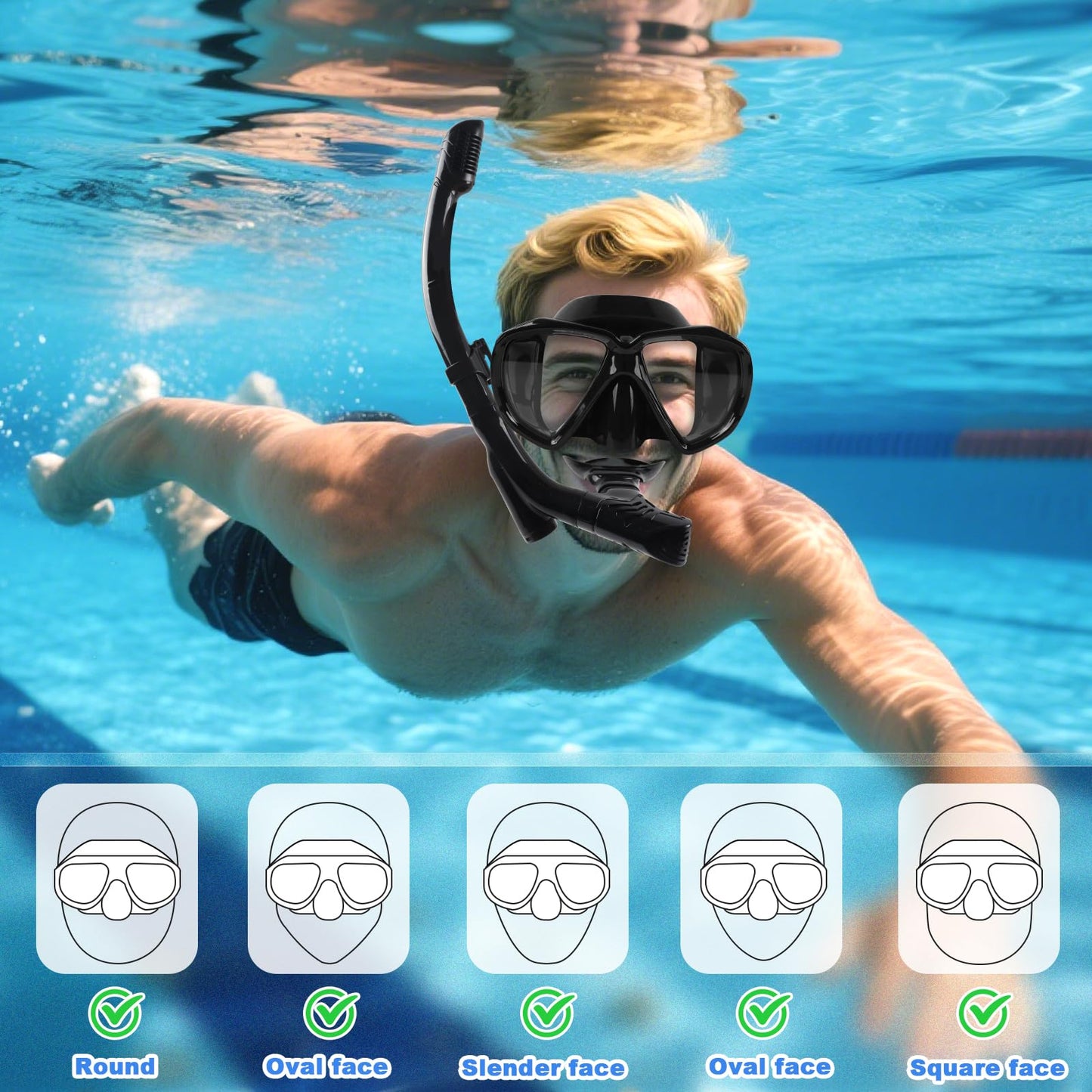 Adults and kids snorkel set, snorkeling set with dry snorkel and diving mask, 180° anti-leak anti-fog diving mask with nose for snorkeling, swimming, and diving (cyan)