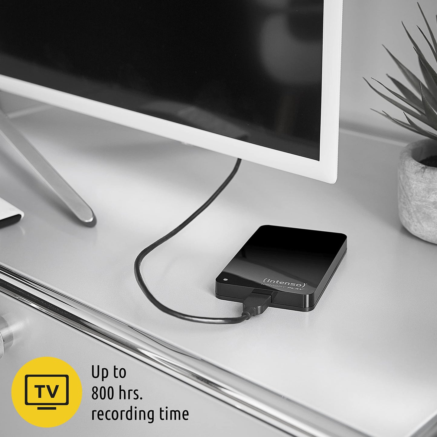 Intenso 6021460 Memory Play 1TB external TV hard drive (2.5 inches, 5400rpm, 8MB cache, USB 3.2 Gen 1x1) including TV mount in black.