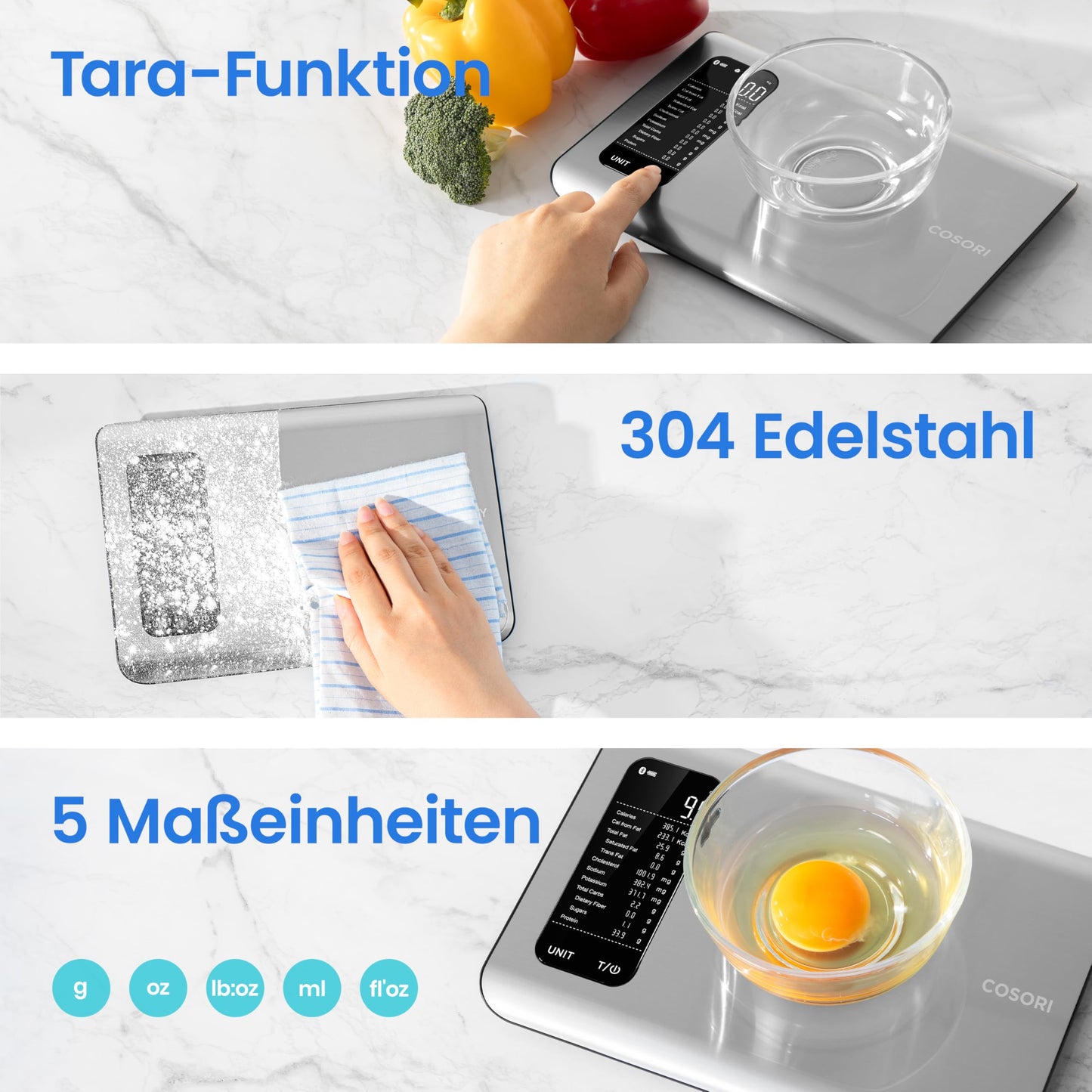 Cosori digital kitchen scale with nutritional calculation, nutrition scale app tracks 19 nutrients, calorie data analysis, 5kg stainless steel food scale, suitable for weight loss, database only for Germany.