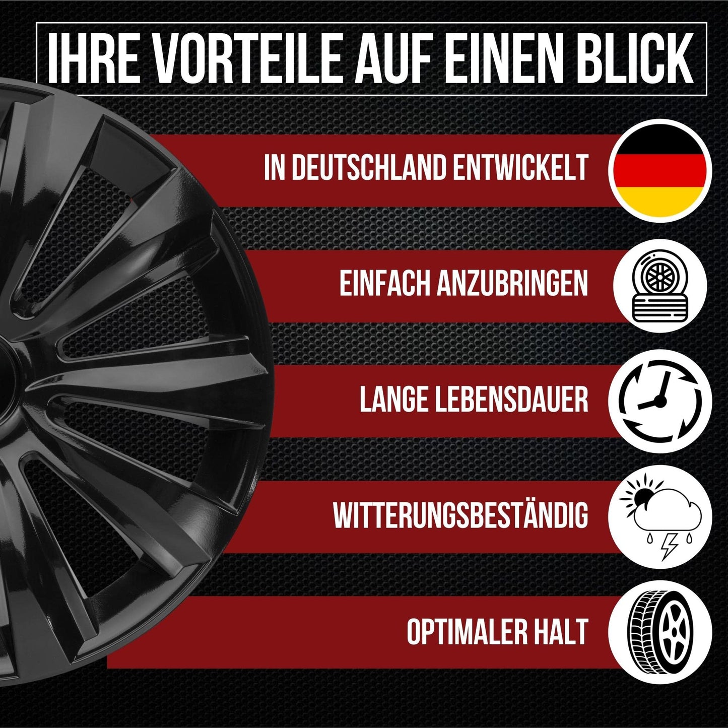 Albrecht 15 inch black wheel caps for steel rims - Delta hubcaps made of high-quality plastic - Durable wheel covers in original Albrecht packaging - Made in EU.