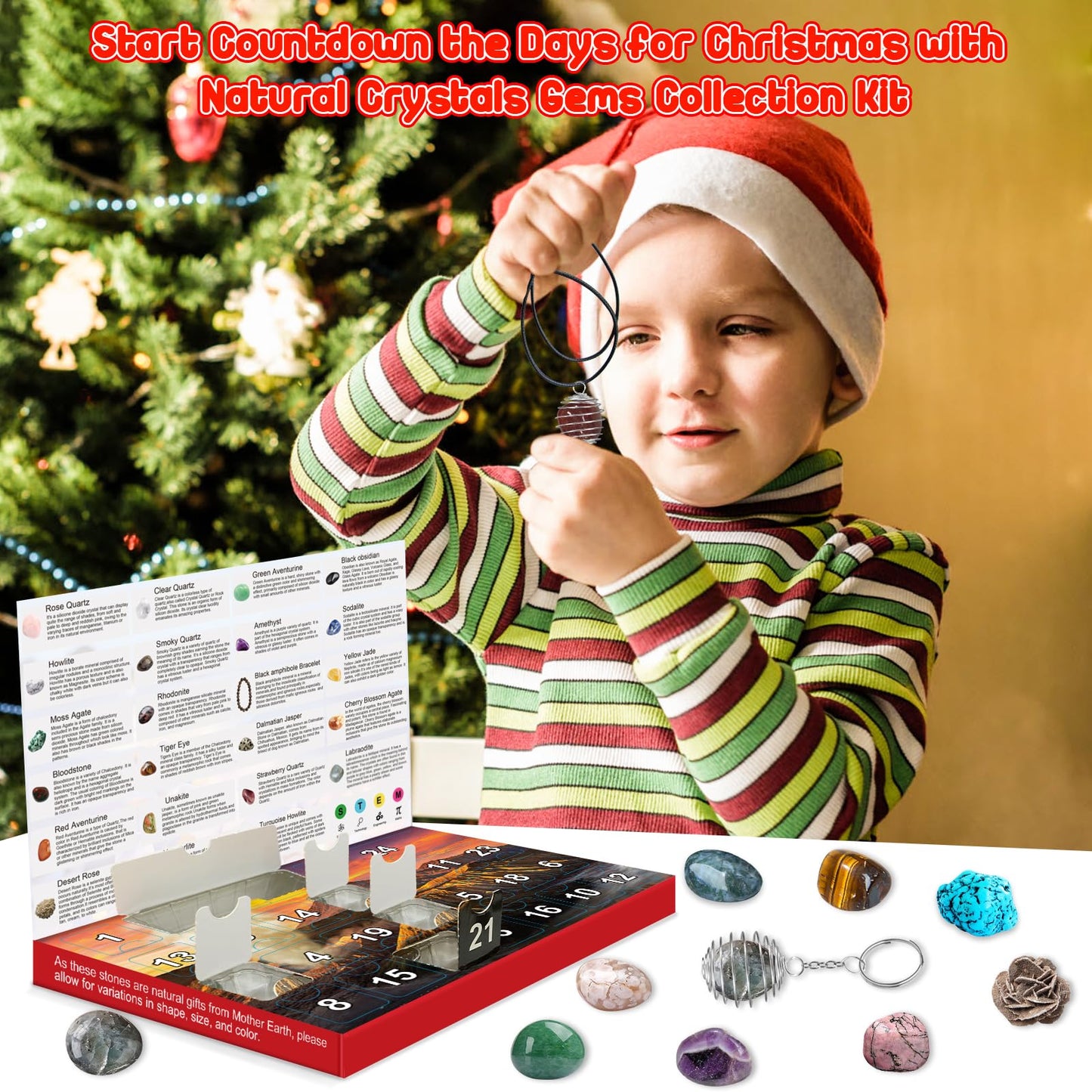 Advent calendar 2025 for kids: Crystals-24 day Christmas calendar with rocks and gemstones, gift idea for boys and girls geology enthusiasts.