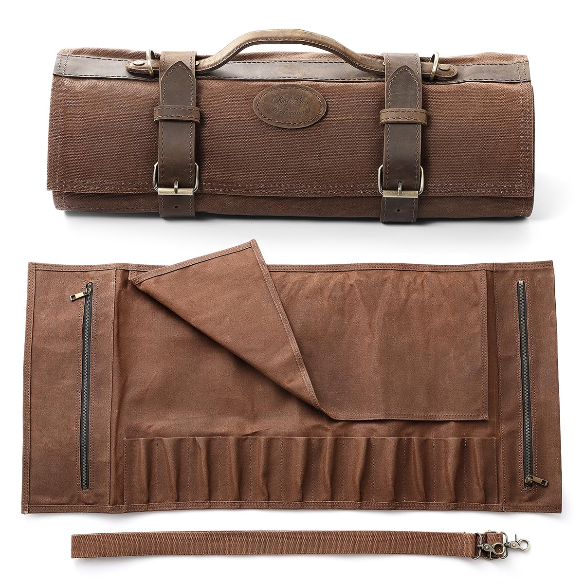 XINZUO knife bag, chef knife case, 12 slots, 16oz waxed canvas and Crazy Horse leather, can hold kitchen tools, portable knife tool bag roll bag (bag only)
