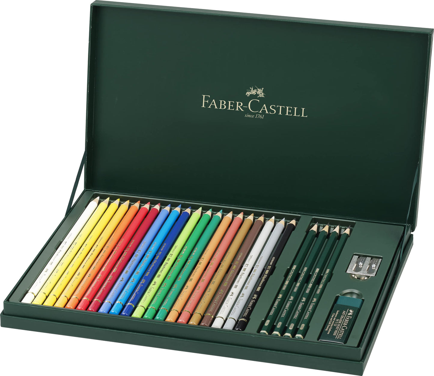 Faber-Castell 210051 Polychromos Colored Pencils, 20-piece set in an elegant gift box. Vibrant colors with thick 3.8mm leads. Includes 2 9000 pencils, eraser, and sharpener.