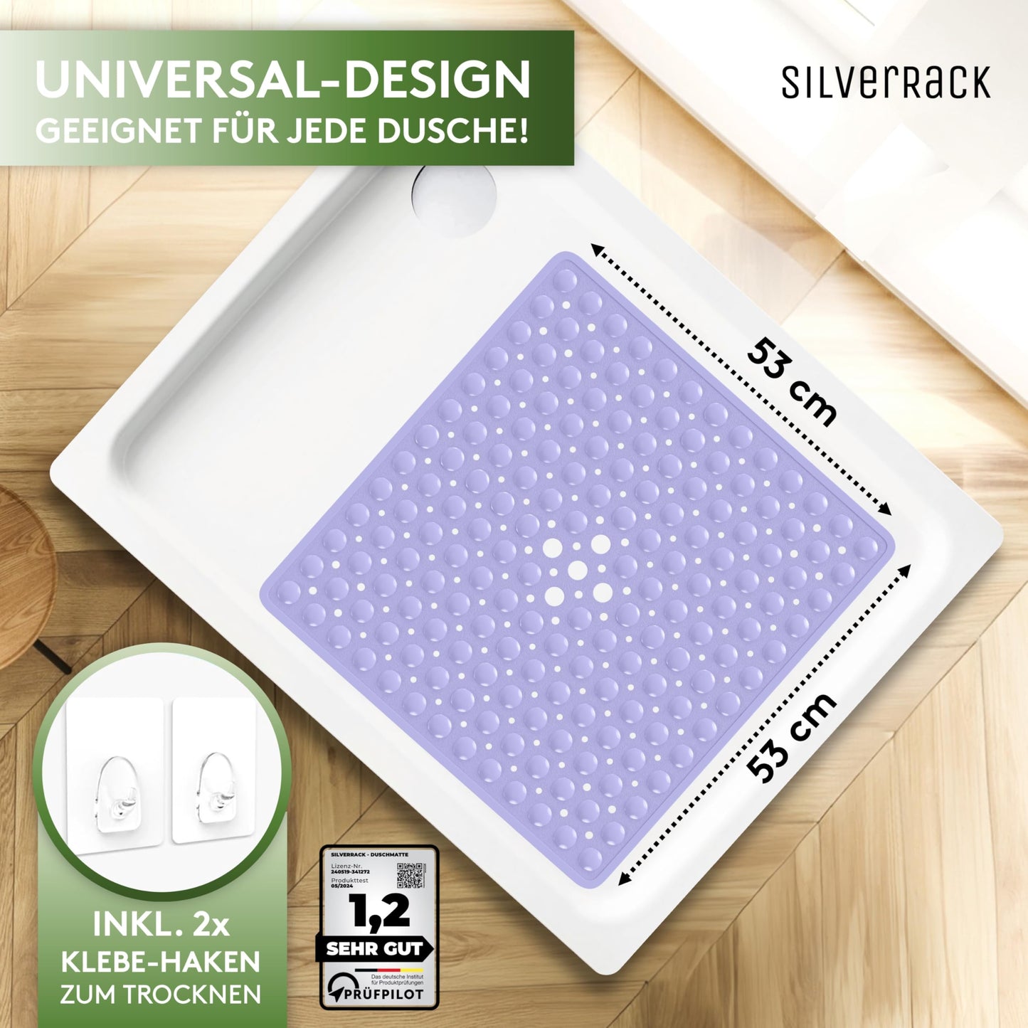 SilverRack shower mat non-slip 53x53 cm (lavender) - anti-slip shower mat BPA free for kids - bath mat non-slip, machine washable and mold resistant - non-slip shower insert