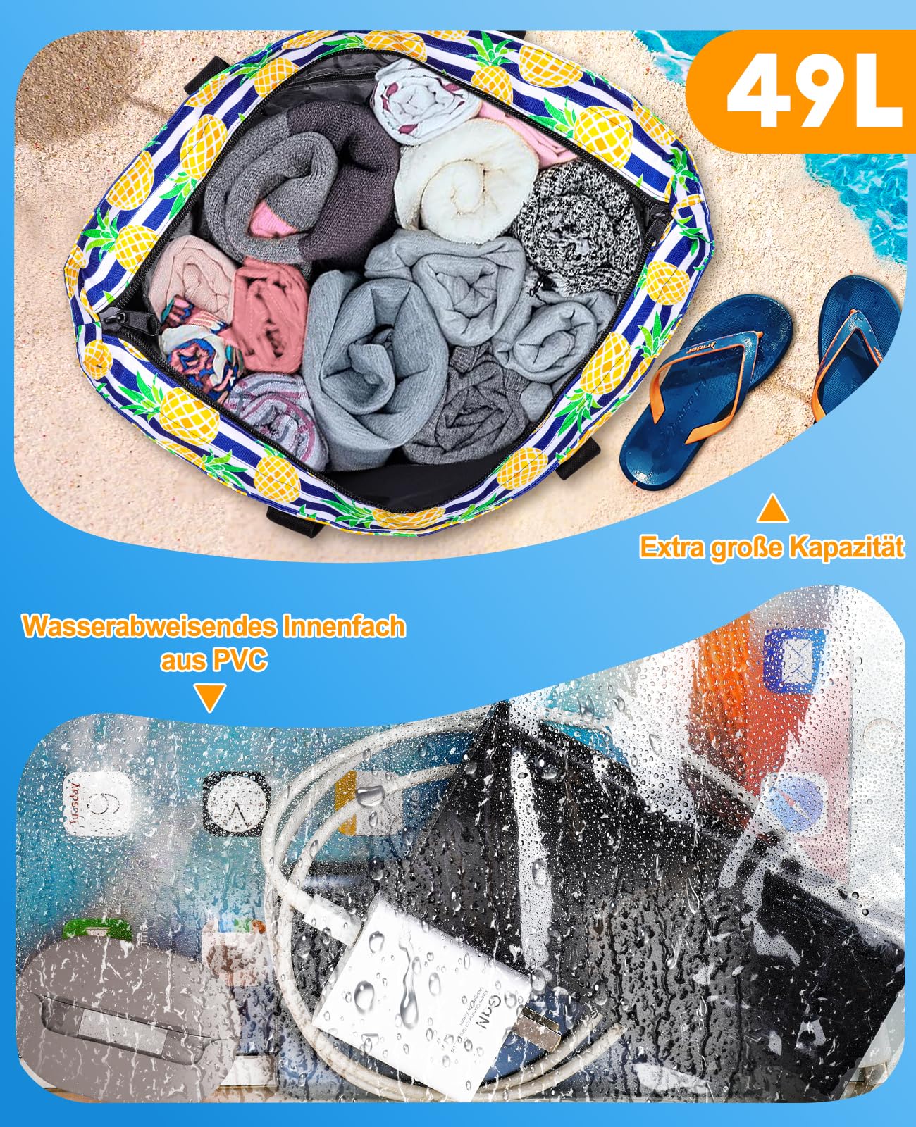 ISEYOU XXL Beach Bag Family with Cooler, Large Beach Tote with Zipper Waterproof Sandproof, Women's Handbag 49L, Foldable Beach Bag for Vacation Travel Gym Picnic