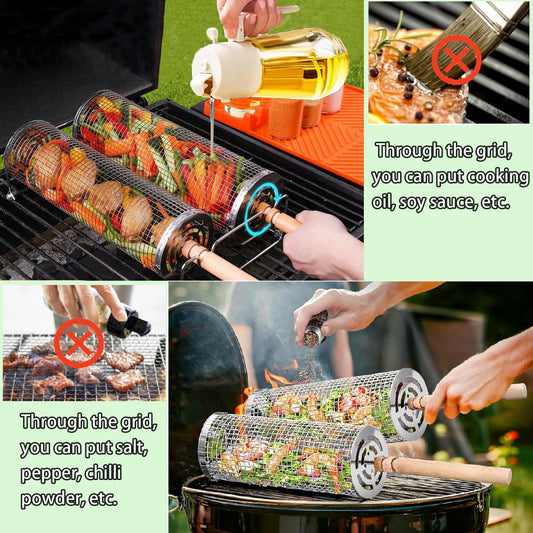 Rolling grill basket, stainless steel grill basket vegetable grilling accessory. 304 stainless steel with detachable wooden handles. Outdoor cooking camping outdoor kitchen grill rack (2 pieces).