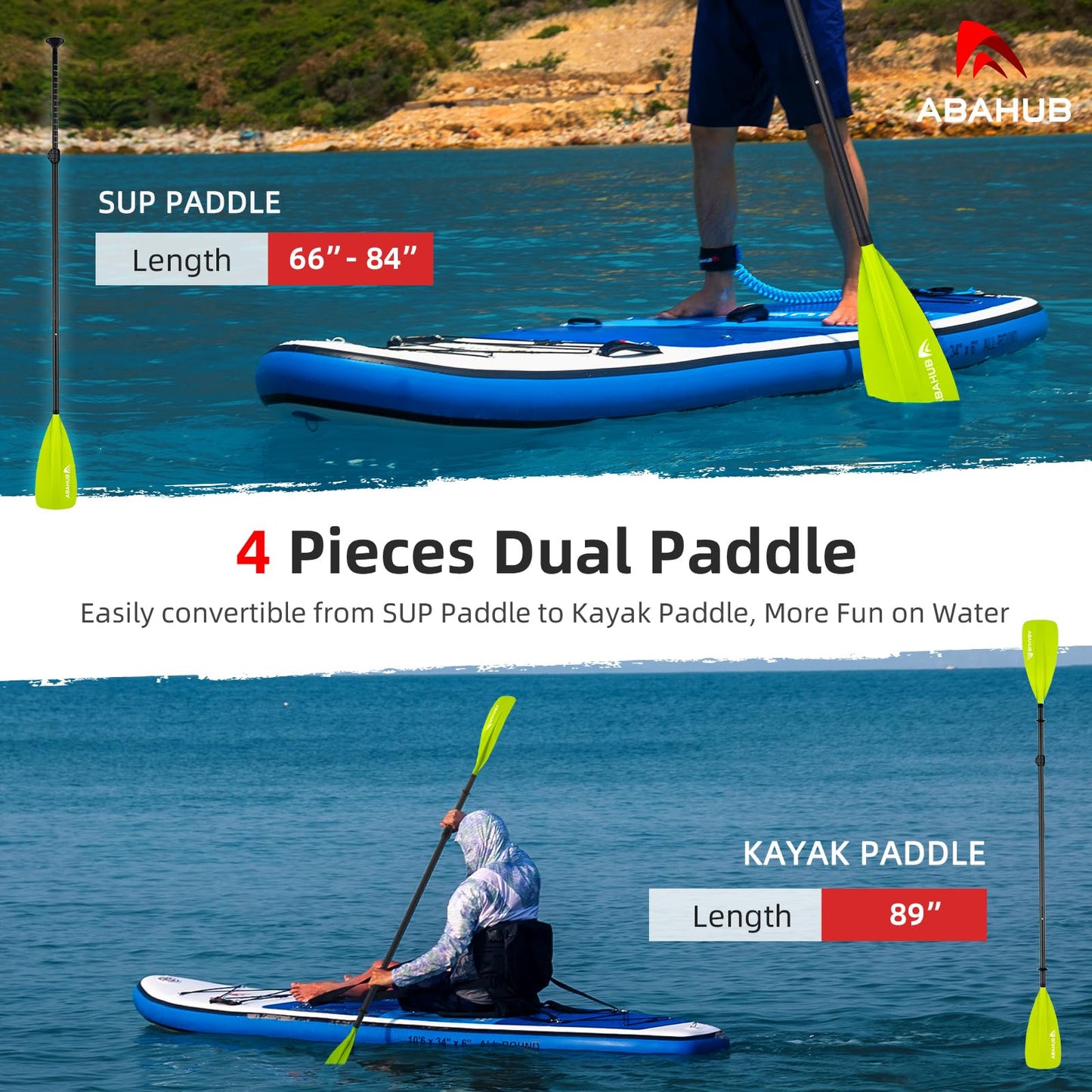 Abahub 4-piece Carbon SUP Paddle/Kayak Oar, adjustable Stand up Paddleboard Paddle, Lightweight Carbon Shaft with green plastic blade
