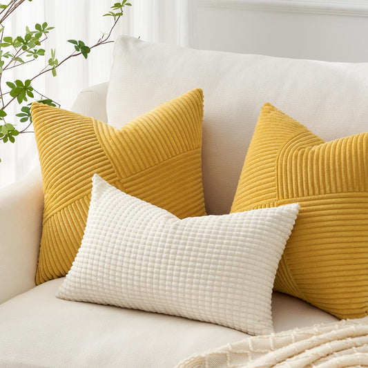 Topfinel Pillow Cover 24x24 Yellow Corduroy 2-Pack Windmill Striped Pillowcases Cushion Cover Decorative Throw Pillow Case Patchwork Design for Living Room Bedroom Couch