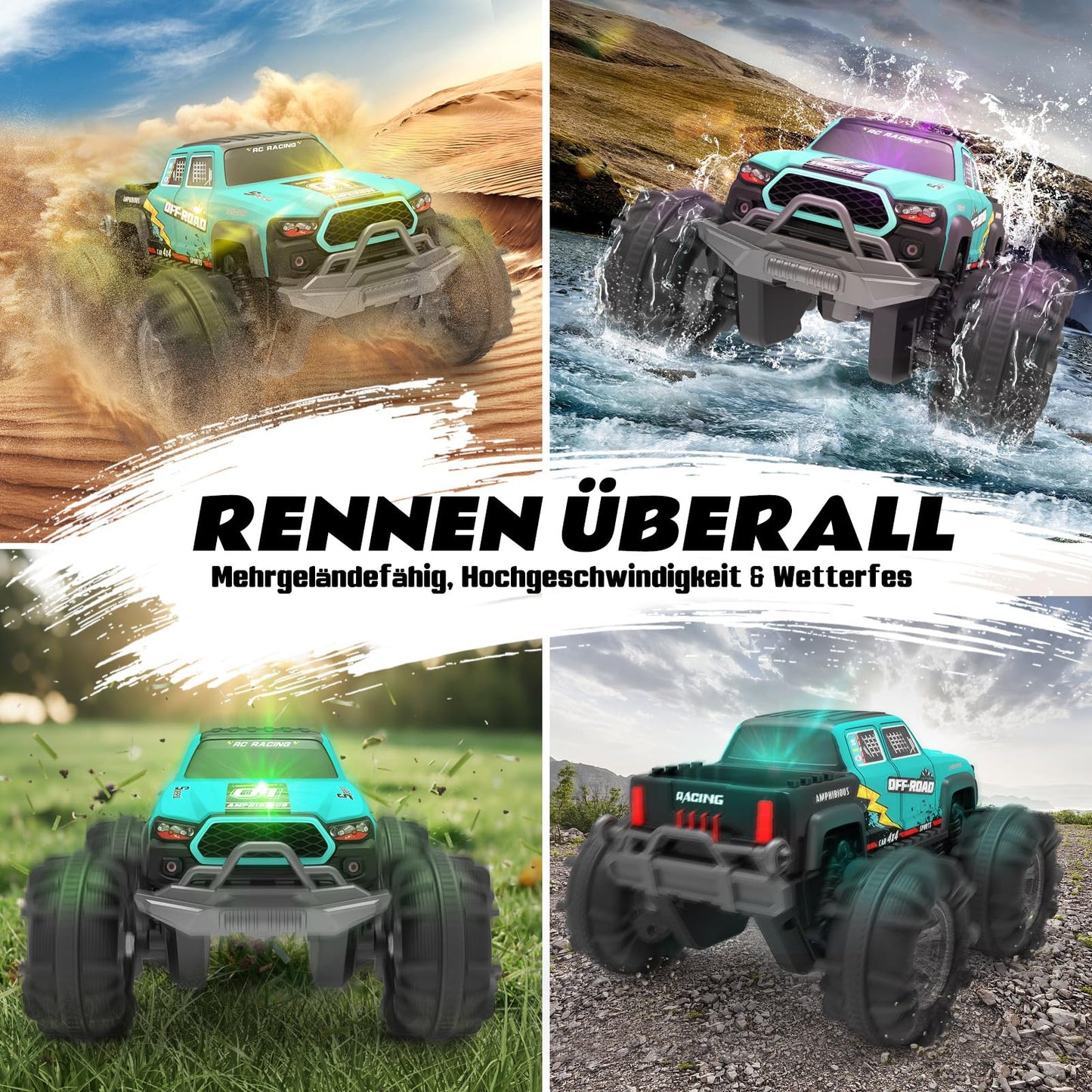 4WD Amphibious Remote Control Car, RC car waterproof with gesture sensor, LED light & 2 batteries, Gift for boys & girls 4-12 years old, Toy car for sand, water & terrain, Compatible with building blocks