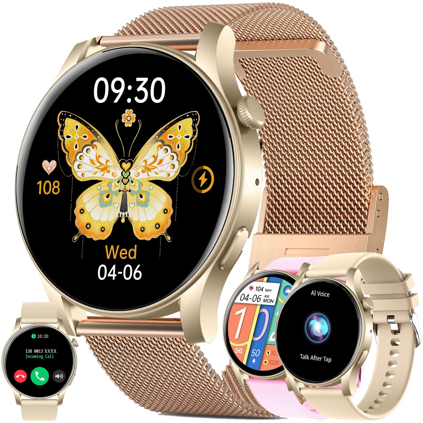 Women's smartwatch with phone function, 1.43" AMOLED fitness watch with 100+ sport modes, heart rate monitor, sleep monitor, step counter, fitness tracker compatible with Android/iOS, 3 bands, gift for women (gold)