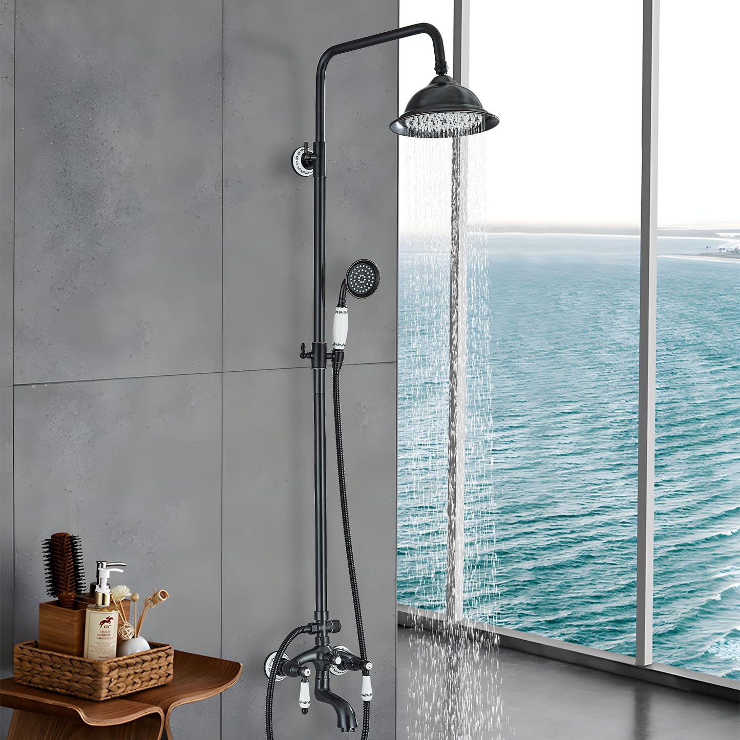 Suguword Black Shower Faucet Set Shower System Rain Shower Set with Shower Head Shower Column Rainfall Hand Shower Bar Blue and White Porcelain Complete Set Shower Faucet Anti-Liming