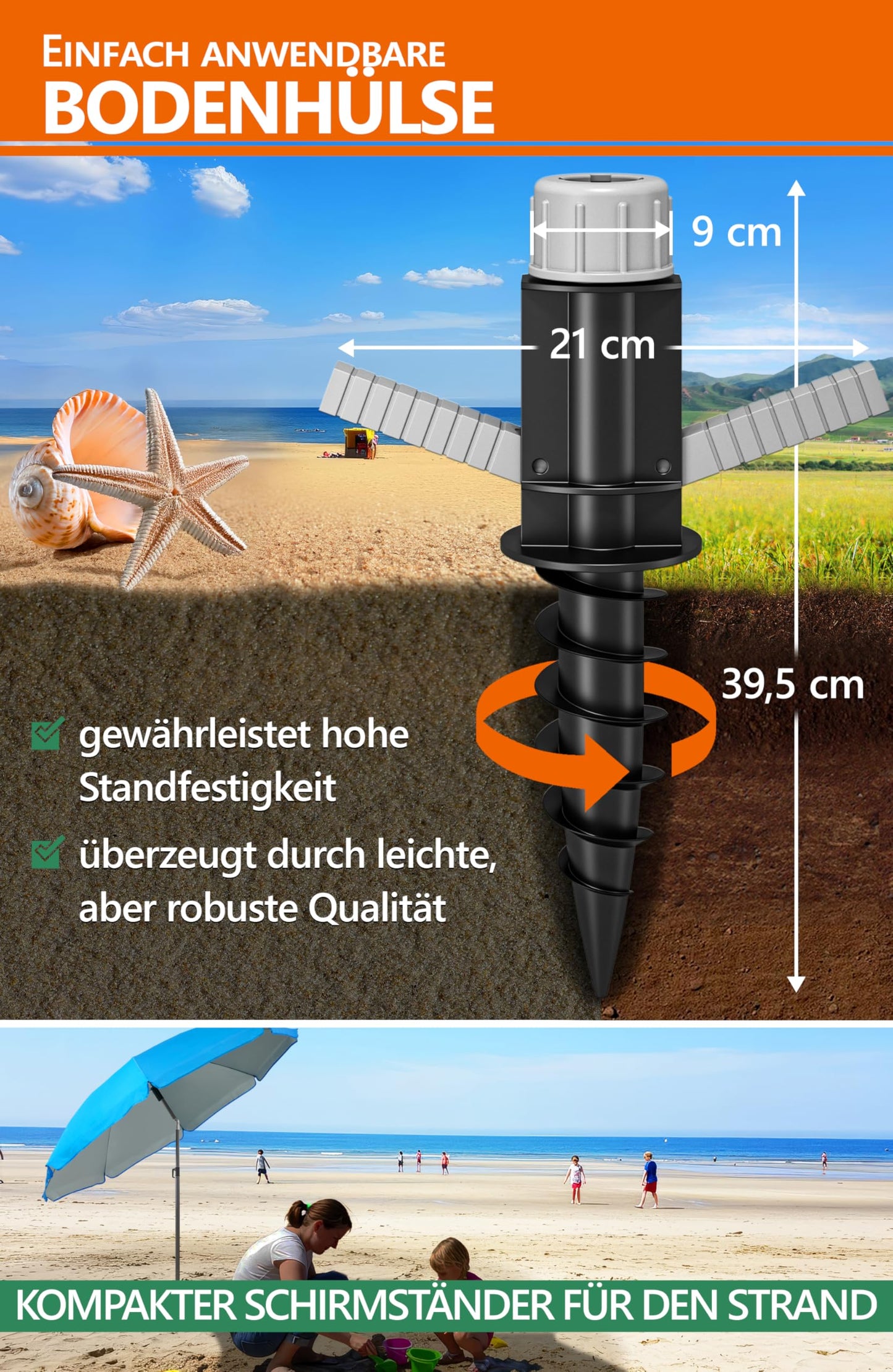 4smile beach umbrella SunnyJoy 3-IN-1-SET, blue - beach umbrella Ø 180 cm + ground sleeve + protective cover - wind-resistant and stable, with UV protection 50+.
