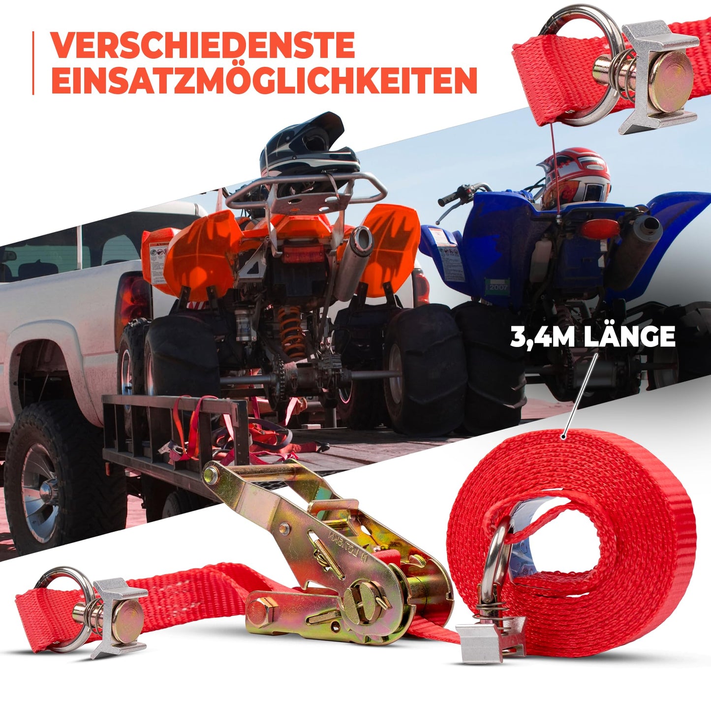 4 pieces | Lashing strap | Tie-down straps | Two-part with ratchet | for airline rail | with end fitting | 2 parts | Length 3400 mm | 1500 daN | DIN EN 12195-2