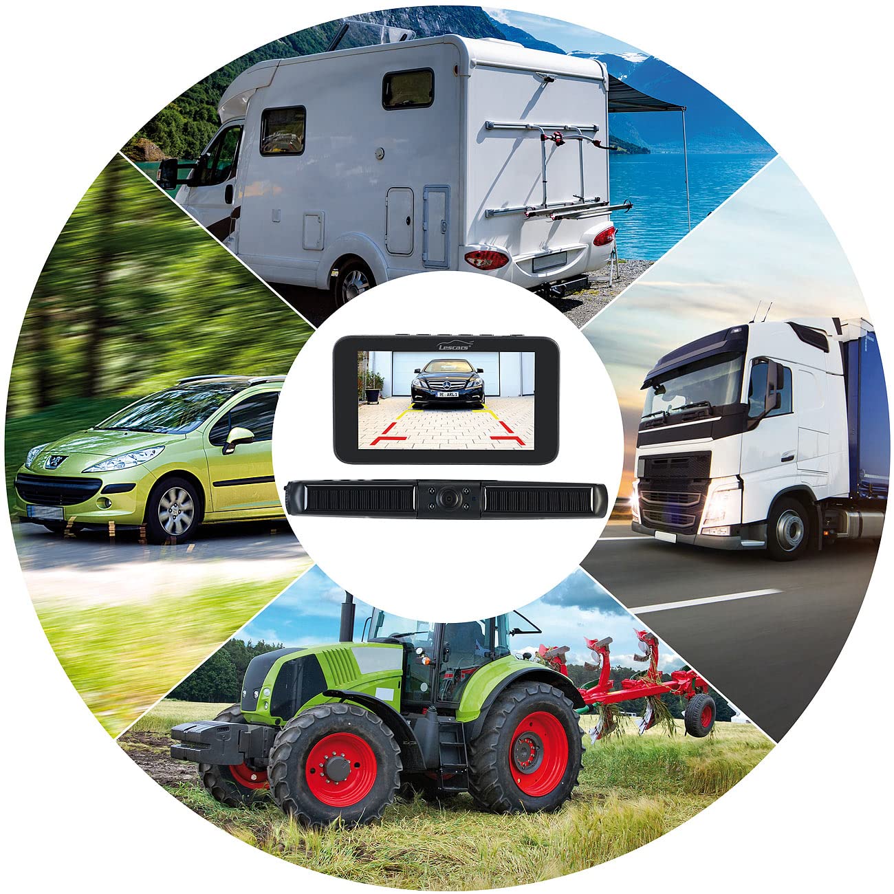 Lescars parking aid: Solar-powered front and rear camera with Full HD and 5" monitor (Solar rearview cameras with monitor, car camera, license plate set for the rear)