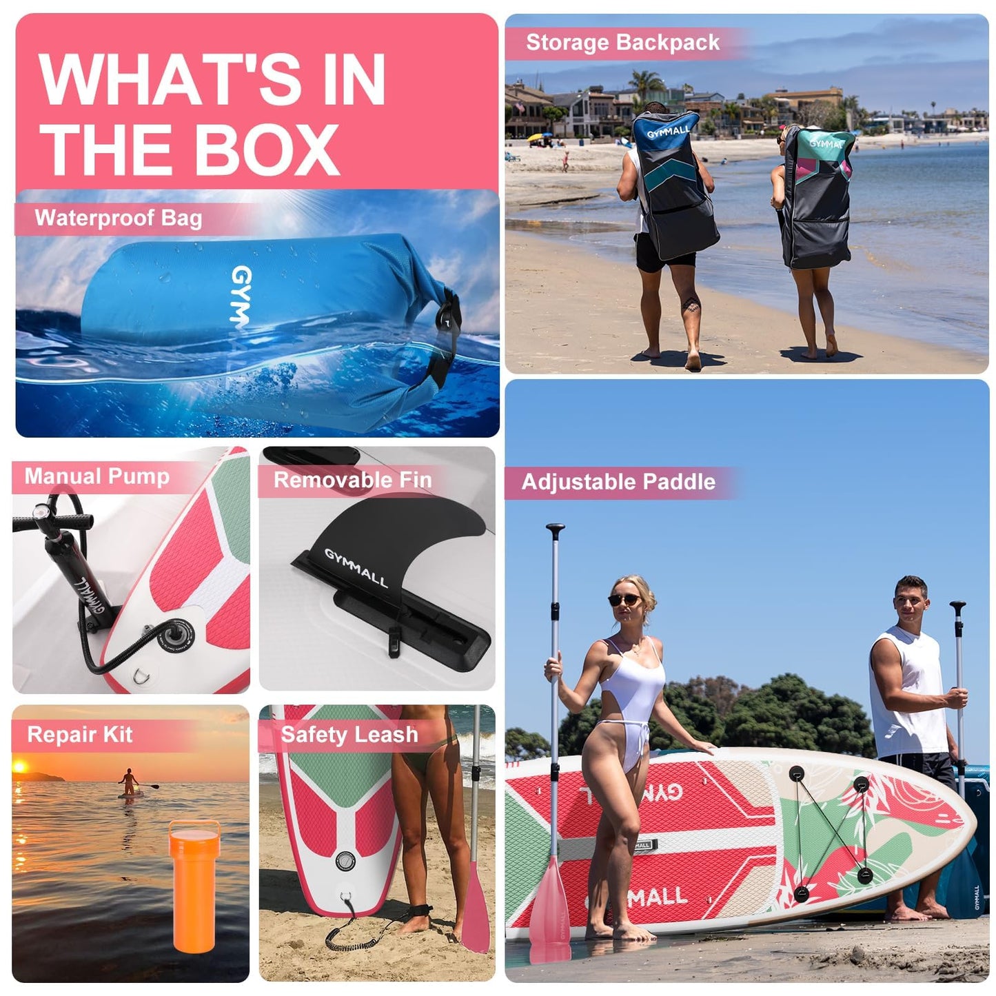GYMMALL Stand Up Paddling Board, inflatable SUP board for adults and teens of all skill levels, blow up paddleboards with wide, non-slip deck, premium accessories and storage bag.