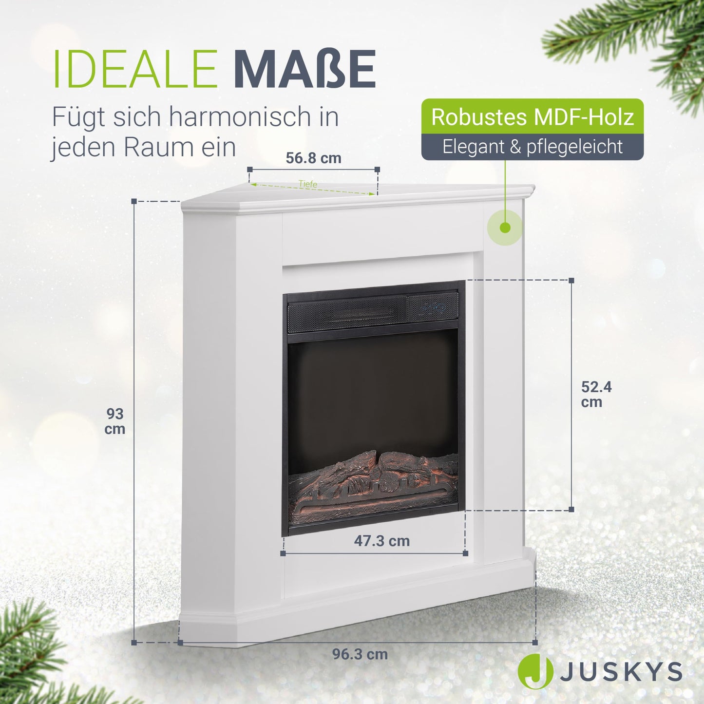 Juskys Electric Fireplace 1000 / 2000 W with heating, fireplace, flame effect, remote control, LED lighting & timer - Electric corner fireplace white