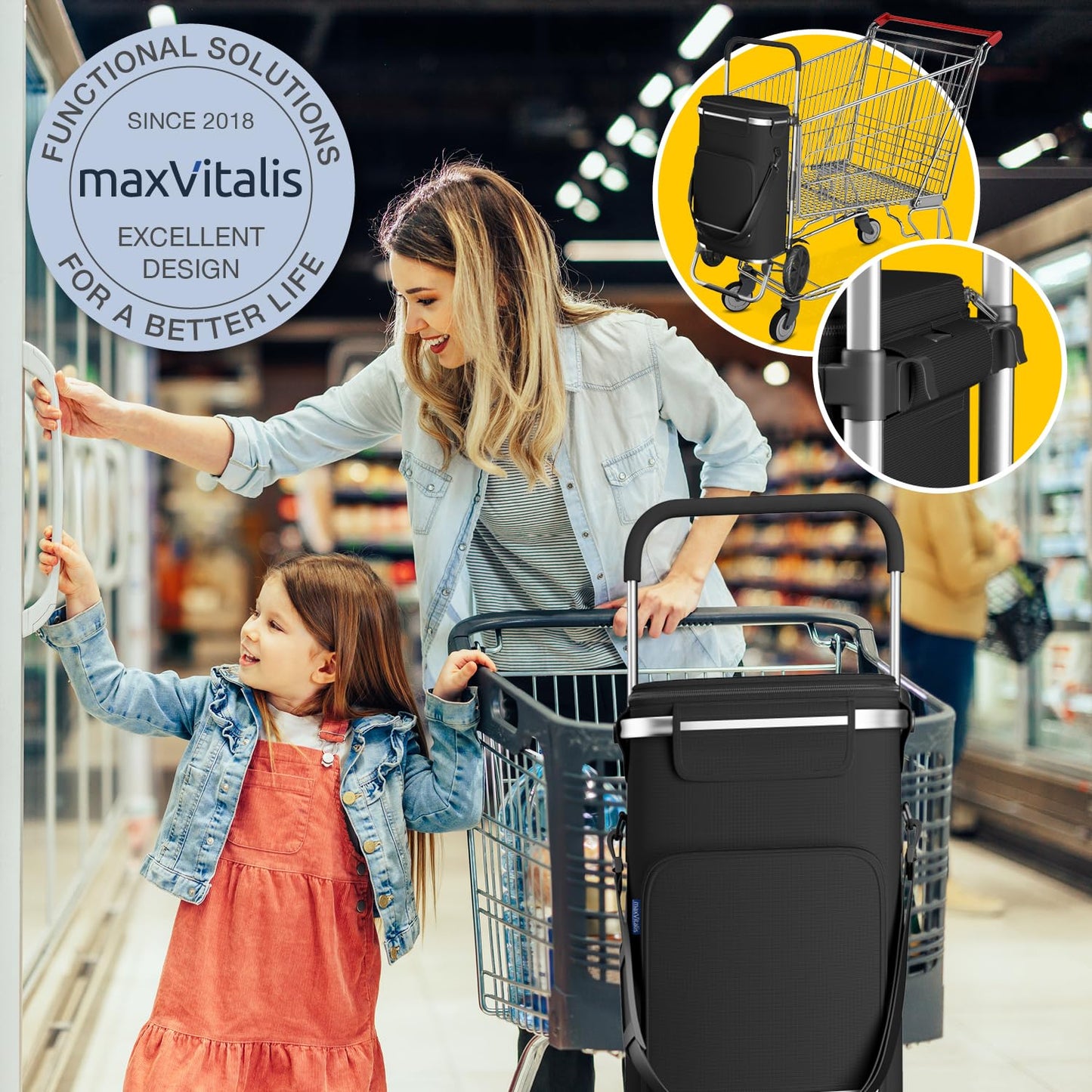 ELONEO Folding shopping trolley with cooler bag, 3-in-1 trolley, hand truck & shoulder bag, shopping cart, 43L capacity & strap, black shopping trolley.