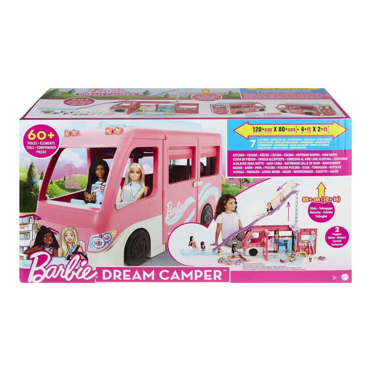 Barbie Super Adventure Camper Vehicle, with 7 play areas, including pool and slide, 60 camping accessories, doll, gift, suitable for ages 3 and up, HCD46.