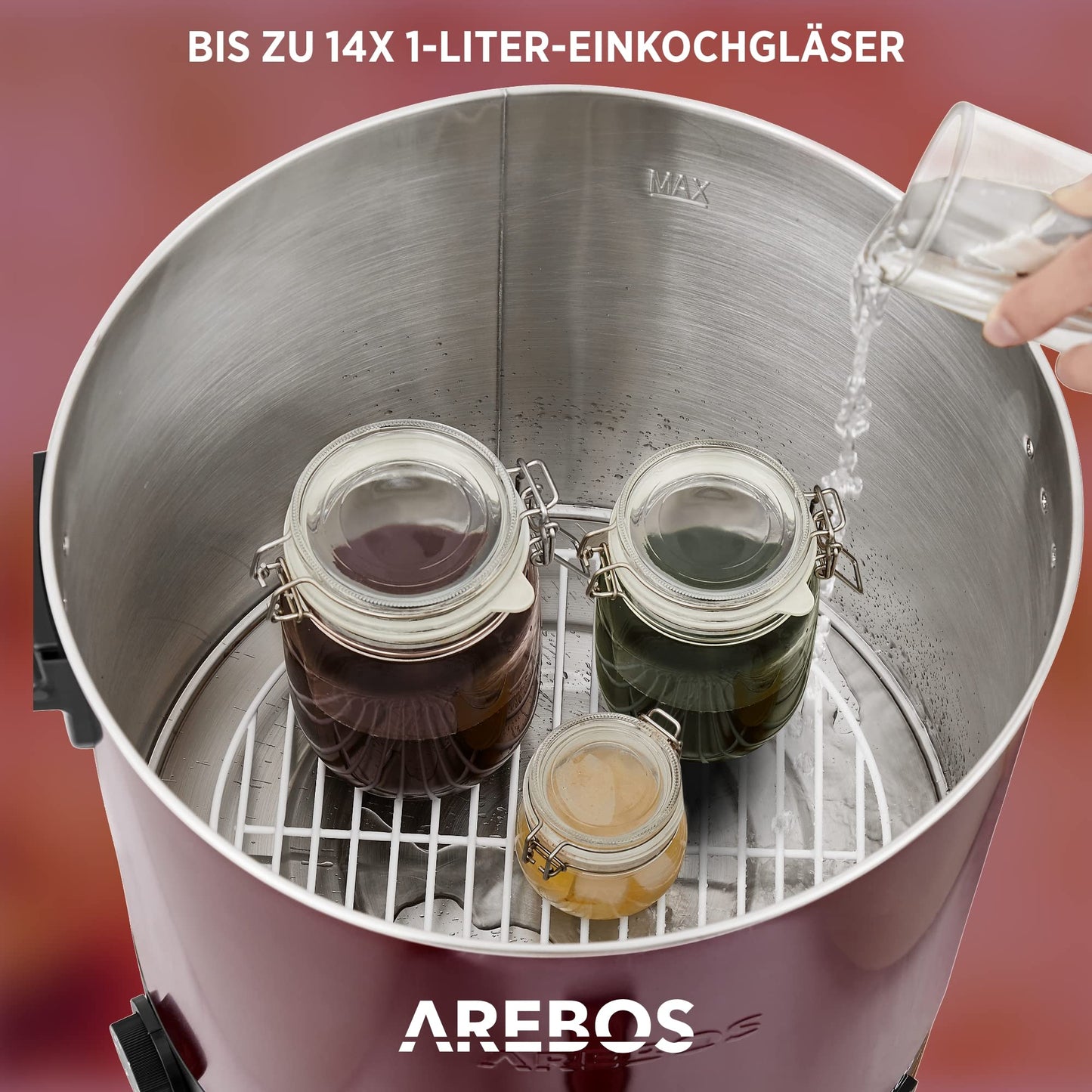 Arebos preserving cooker 1800 W | 28 L preserving pot | with timer, thermostat & overheat protection | continuously adjustable 30-110°C | mulled wine cooker | incl. canning jar lifter & canning funnel | Red