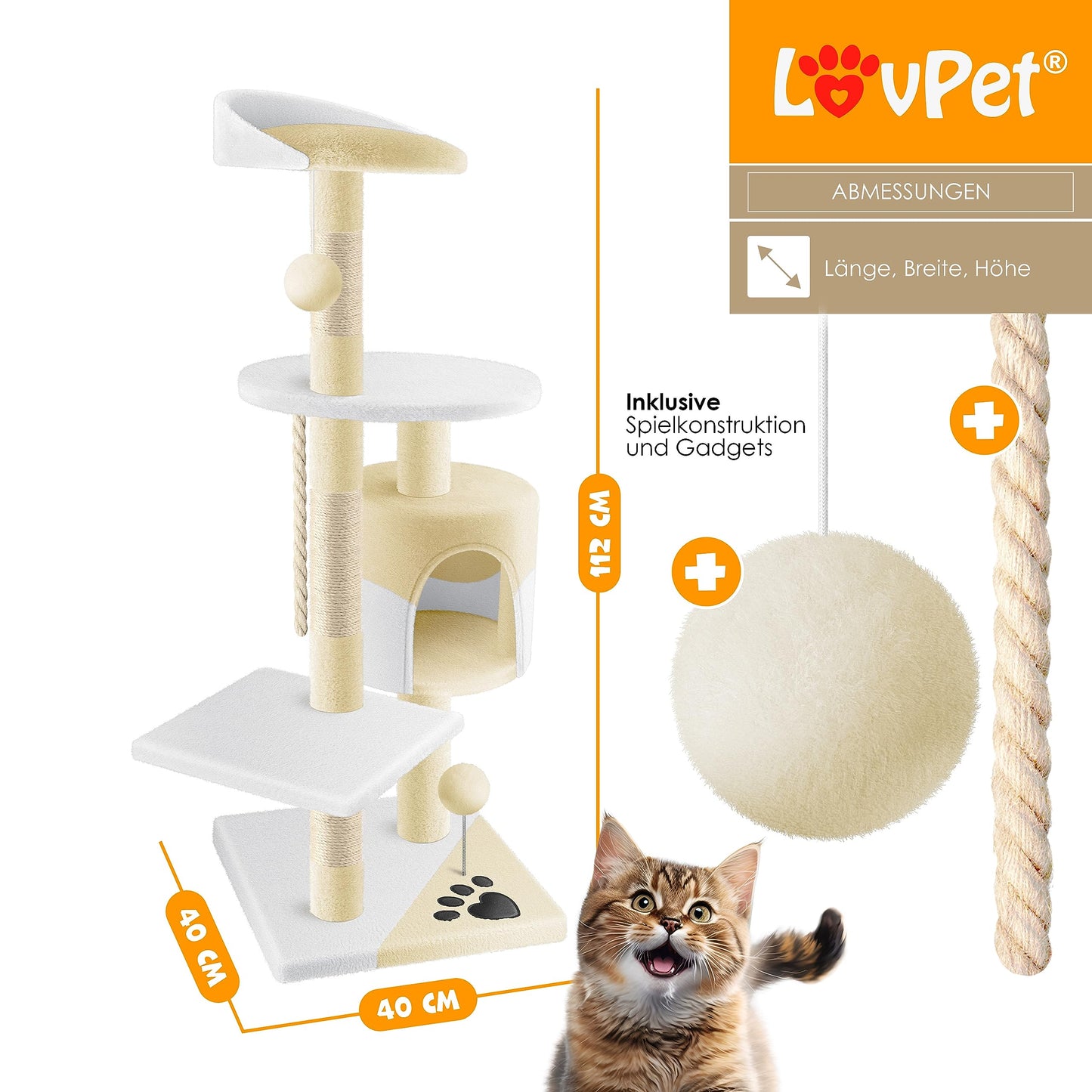 LOVPET® Cat Tree Climbing Tree, with sisal poles, stable, with cave, play balls, playing sisal & play rope, height 112cm, with many cuddling and playing opportunities, Beige/White