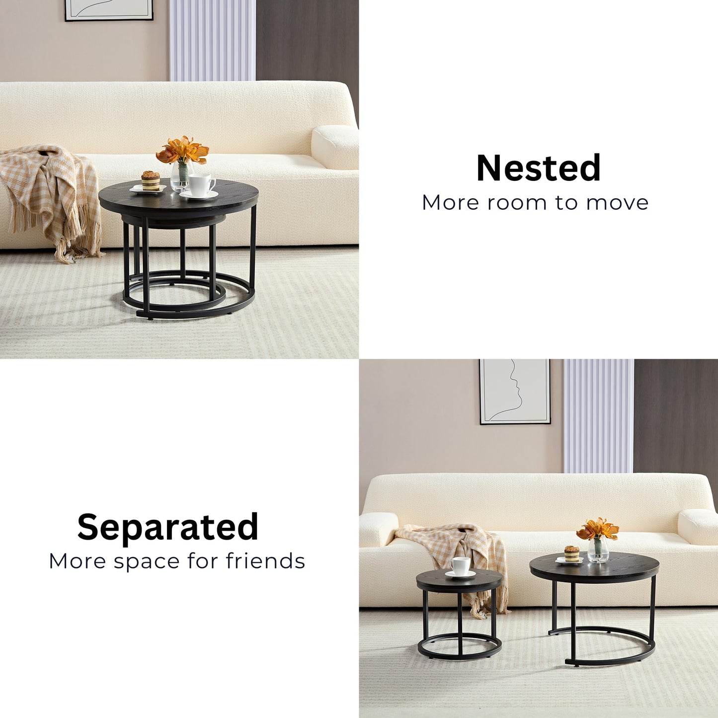 Home Heaven® Coffee Table Round Black 2 Pack - Round Living Room Tables Wood for Lounge - Ø60cm Ø40cm