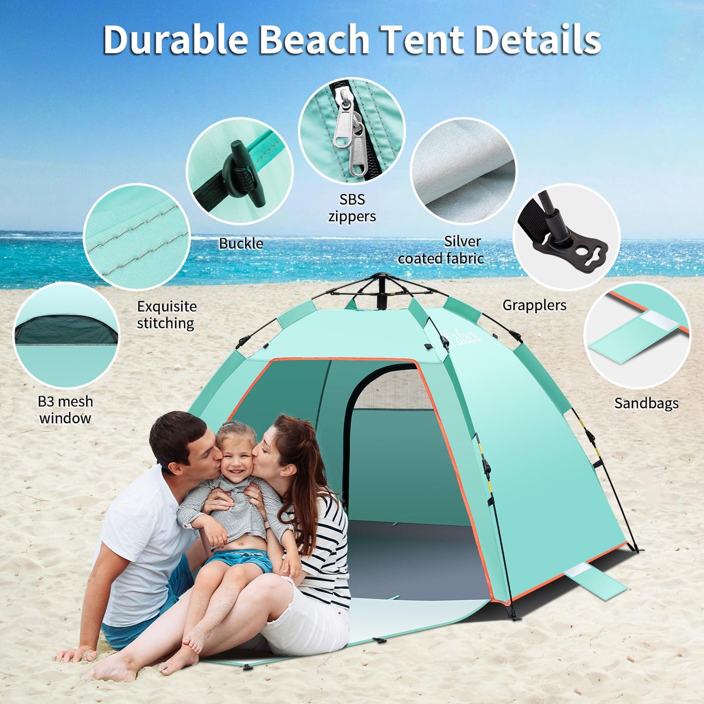 Yafaca Beach Shelter, 1-3 person automatic pop-up tent, large UV 50+ sun protection portable two-door lightweight pop-up beach tent for garden, fishing, picnic.