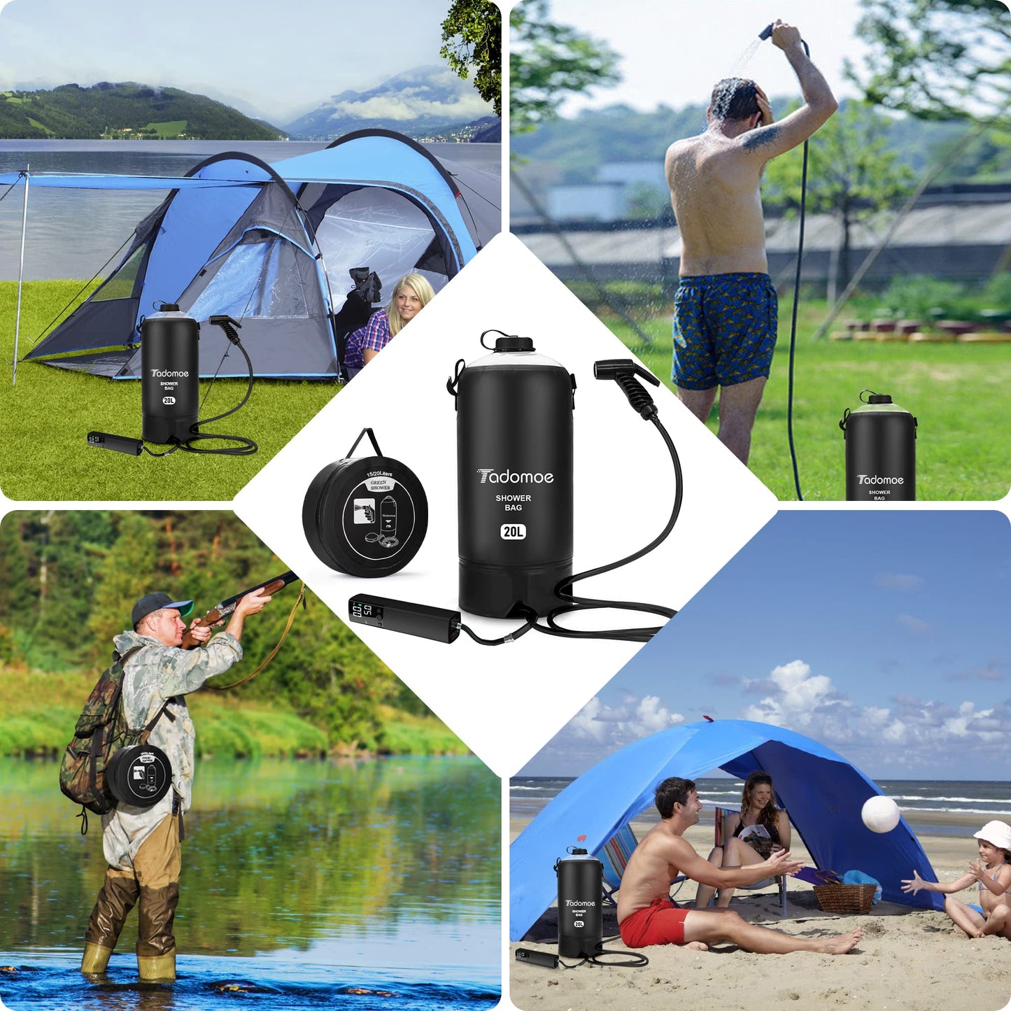 Tadomoe camping shower, 20 liter solar shower with portable shower pump, portable shower camping bag with convenient nozzle, temperature display, hot water solar shower for camping beach hiking travel.