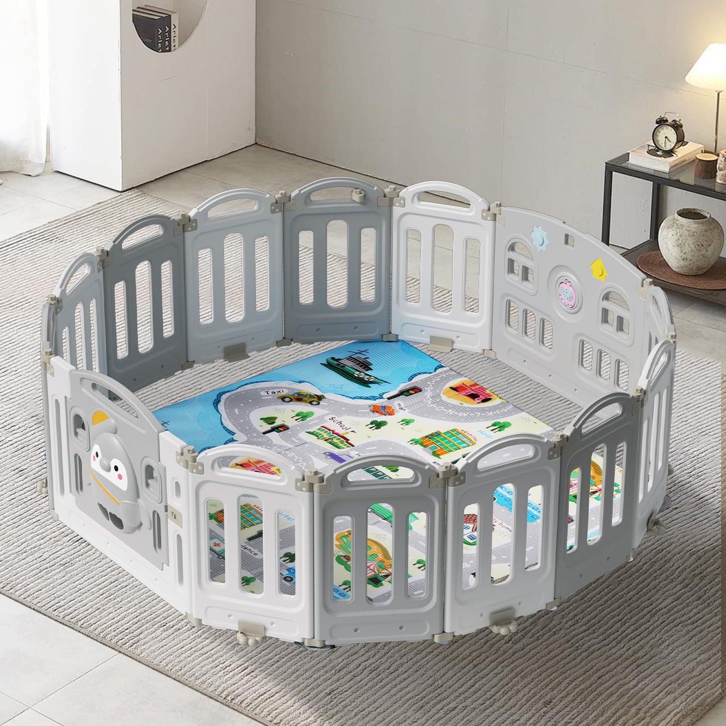 Izrielar Playpen Foldable Play Yard Baby Playpen Activity Center Playpen, Plastic Child Safety Gate with Crawling Mat and Story Machine, 14 Panels Gray and White