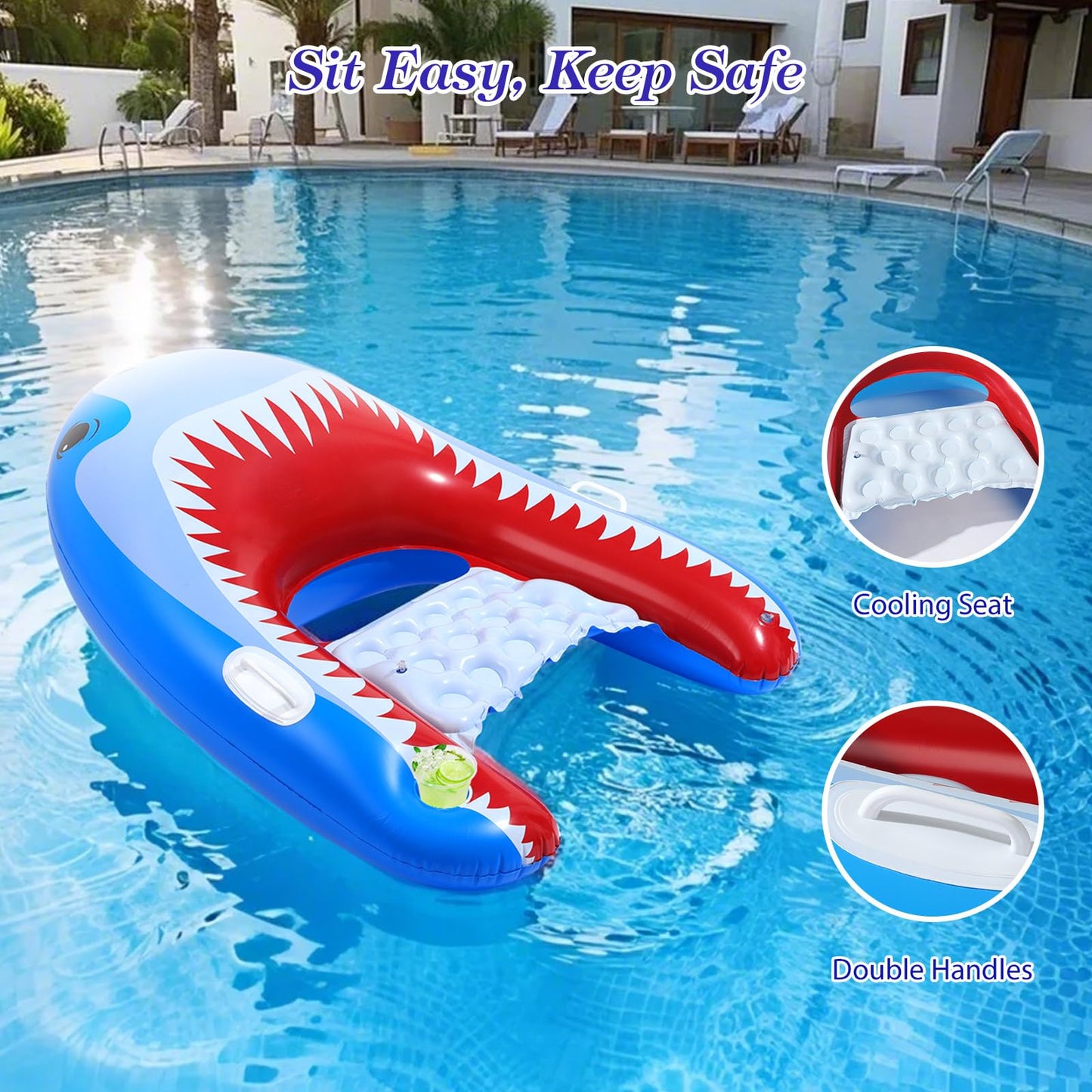 MoKo Pool Float for Adults, 135×107 cm Large Swim Bed with Cup Holder and Handles, Inflatable Sun Lounger Hammock Tanning Chair Pool Toy, 2 Pieces, Blue Shark